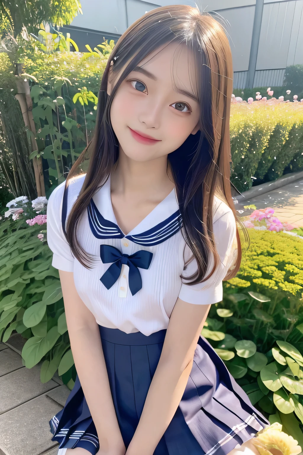 pieces fly、masterpiece、highest quality、Super detailed、High resolution、High resolution、8K portrait、unity 8k wallpaper、Detailed CG、unity 8k wallpaper、Detailed CGユニティ8kの壁紙、realistic、real person、portrait photography、shiny skin、（25 years old:1.2）、High resolution、beautiful clear eyes、very detailed explanation、delicate face、nice lips、thin waist、thin legs、1 girl、(garden:1.3)、(shirt, serafuku, crew_collar, school uniform, pleated skirt)、(big smile:1.2)、(stop temporarily:1.2)、(flat chest:1.4)