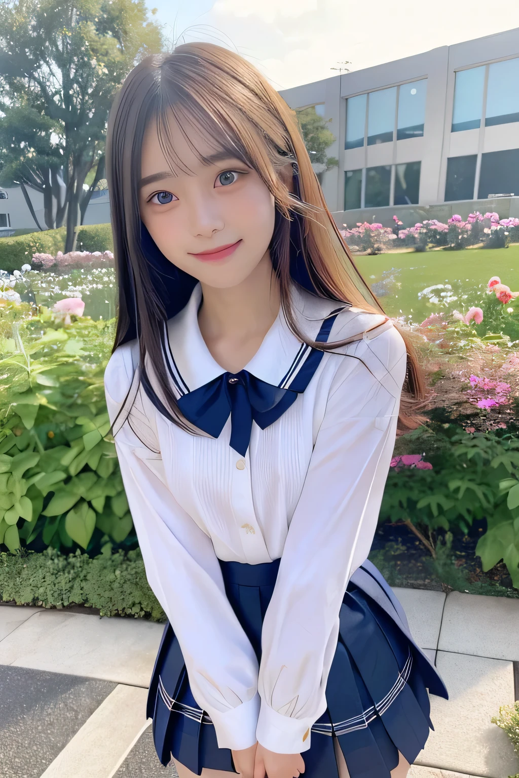 pieces fly、masterpiece、highest quality、Super detailed、High resolution、High resolution、8K portrait、unity 8k wallpaper、Detailed CG、unity 8k wallpaper、Detailed CGユニティ8kの壁紙、realistic、real person、portrait photography、shiny skin、(25 years old:1.2)、High resolution、beautiful clear eyes、very detailed explanation、delicate face、nice lips、thin waist、thin legs、1 girl、(garden:1.3)、(shirt, serafuku, crew_collar, school uniform, pleated skirt)、(big smile:1.2)、(stop temporarily:1.2)、(flat chest:1.4)
