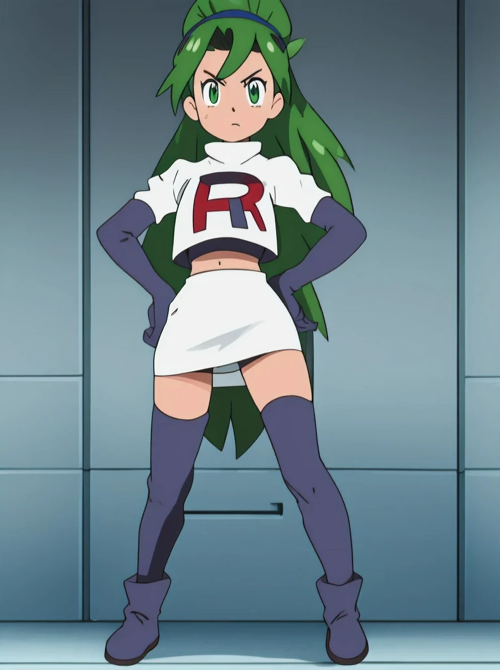 team rocket uniform, red letter r, white skirt,white crop top, black thigh-high boots, black elbow gloves, glaring angrily, looking at viewer, hands on hips, full body seen, zettai ryouiki