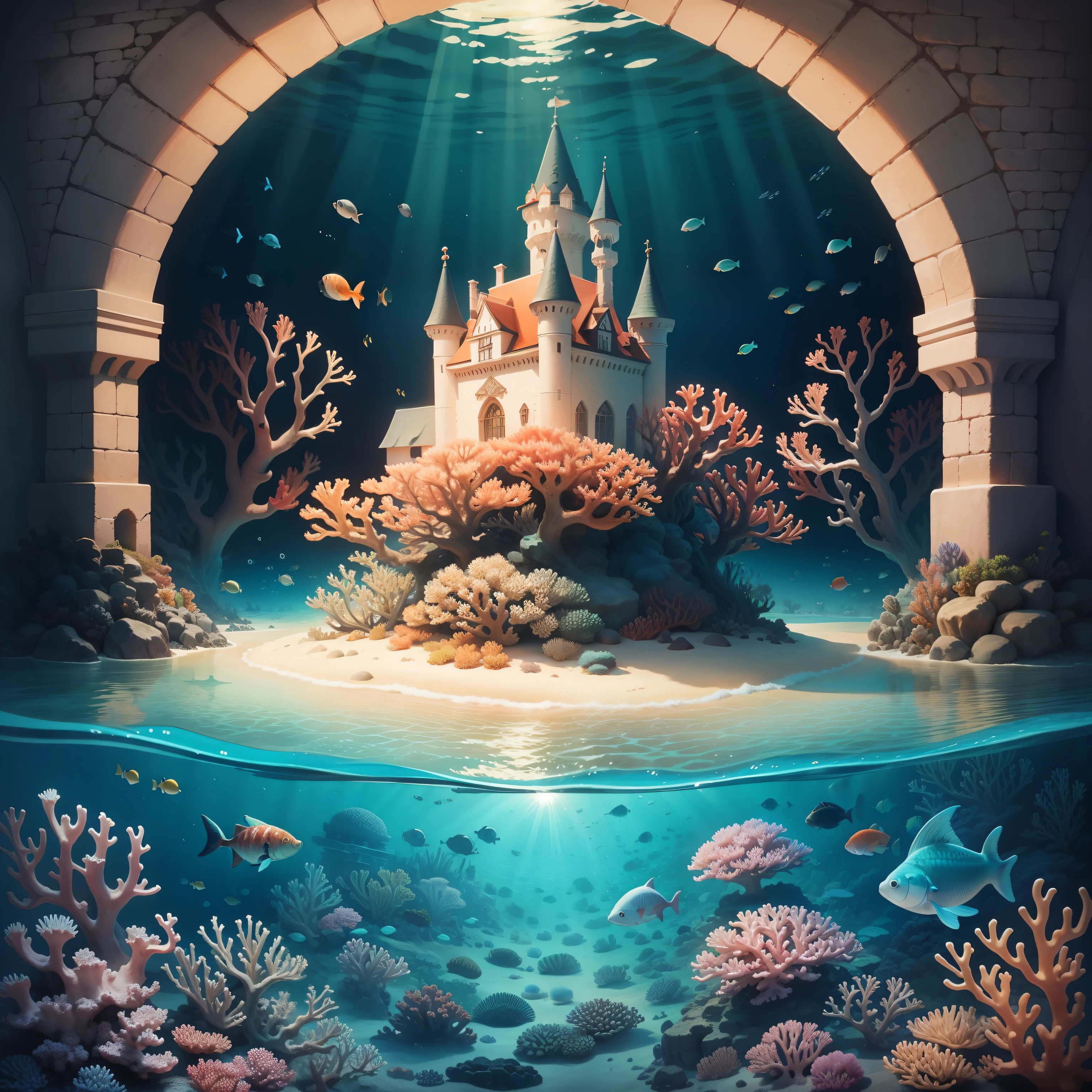 Beautiful coral reef sea　The castle is full of beautiful small fish　How cute　Illustration style