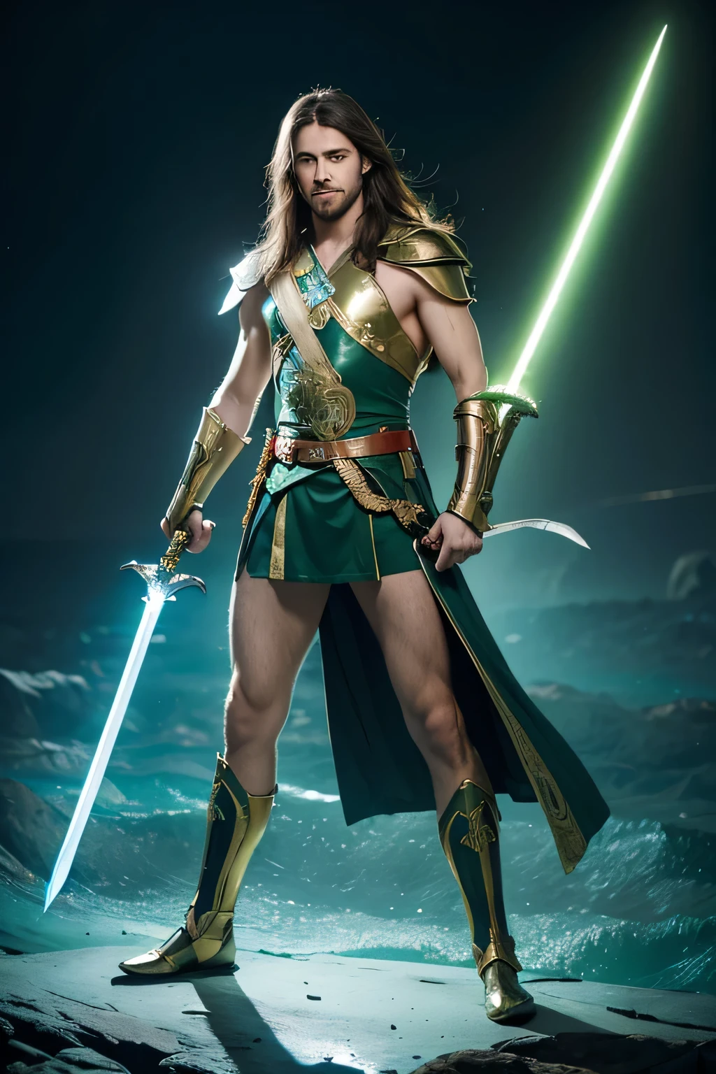 high quality, Independent, knight, temperament, long hair, blue eyes, Smile, Holding a seven-star sword, There is a scar on the left side of the face, Light green clothes, fighting stance, wonderland, Surrealism, whole body, The edges are illuminated, background blur, abyss