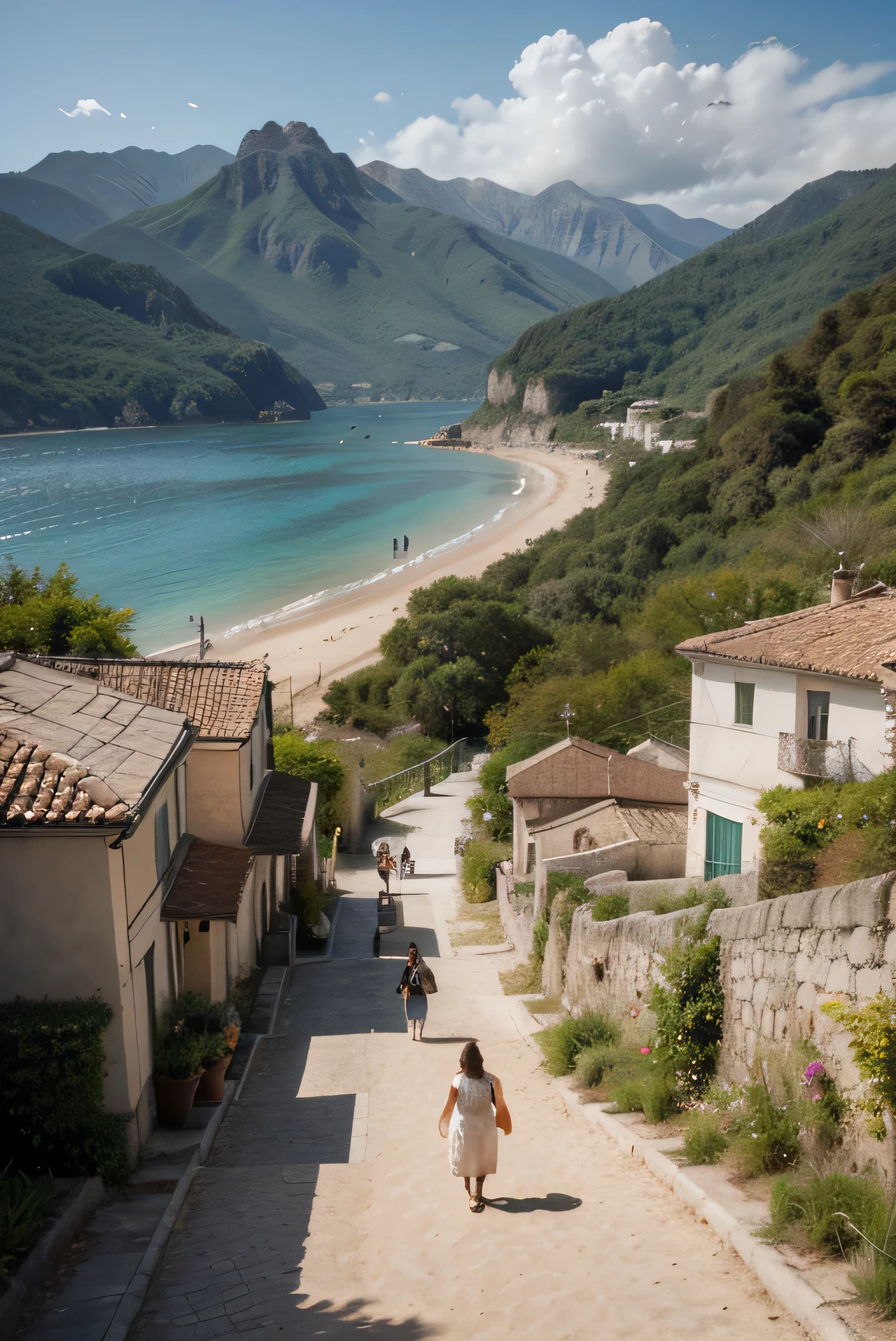 illustration, painting, strong colors, outside, cena pitoresca de uma cidade italiana, aninhada entre majestosas montanhas e um mar sereno, creating a charming and harmonious setting. Explore the nuances of colors and the atmosphere that combines the tranquility of the mountains with the excitement of the beach.