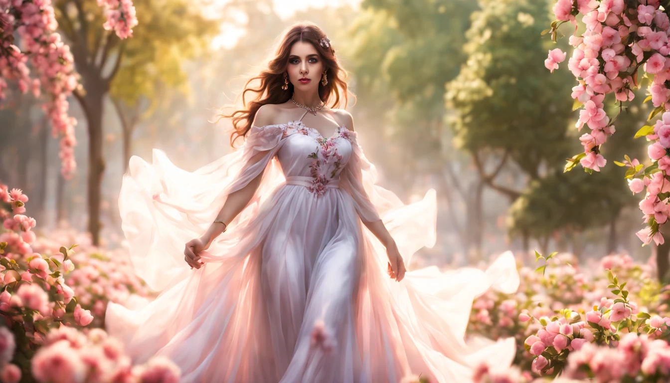 Full-body shot in the wind, the stars blowing small white flower petals. Full-body shot of a beautiful, sweet young woman, 25 years old, wearing a sweet pink and purple Dusit Thai dress, a gold sarong, a white silk shawl, glowing and sparkling, long black hair, tied loosely, wearing a necklace and earrings adorned with pink diamonds. The scene is beautiful like a dream, a white and pink jasmine garden, a small, beautiful stream, glowing and sparkling light. Three-dimensional image, oil painting, sharp image.