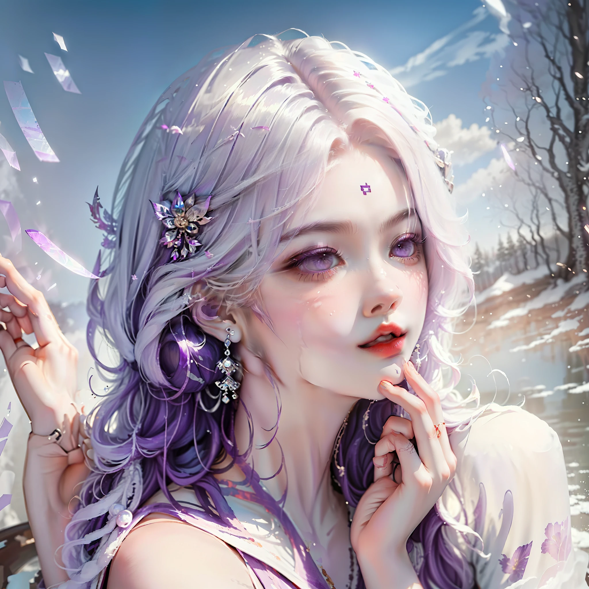 (original photo, best quality), (actual, photo-actual:1.3),best quality,Very detailed,masterpiece,Super detailed,illustration,1 girl,superior_Body,dynamic angle,world masterpiece theater,messy_long_hair,best quality,Extremely detailed CG unified 8k wallpaper,ink,Astonishing,Cinema lighting,lens_flare, Dunhuang_style perspective women, long curly bright purple hair angelic face and large purple eyes and plump red lips.Snow-white skin, long slender fingers and purple painted nails，No extra hands and fingers
