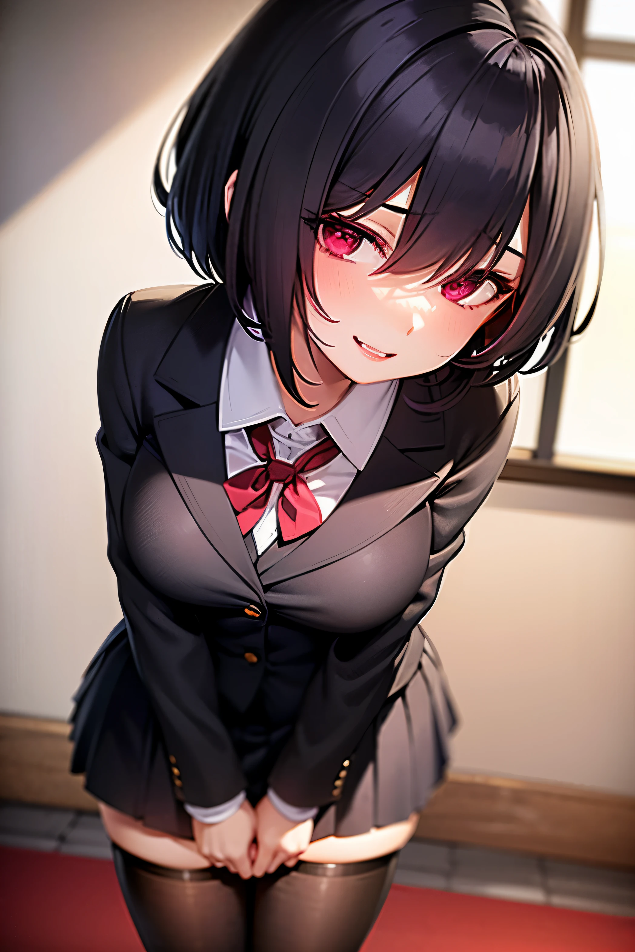 chica, cabello corto, cabello negro con reflejos morados, ojos rojos, mejillas rojas, Mira con deseo, psychopathic smile, sangre en las manos, yandere, uniforme escolar