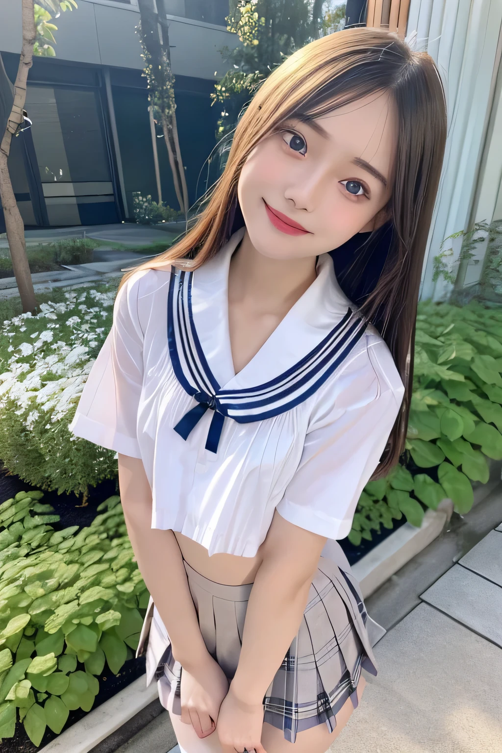 Masterpiece、Raw photography、(((Ultimate Beauty Portrait)))、((glistning skin))、close mouth、no mask、dark brown eye、teen、high school student、15 years old、natural make、short bob、((masterpiece、top-quality、ultra-detailliert、intricate-detail、hight resolution、highly detailed))、Detailed background、8KUHD、Digital SLR、Soft light、high quality 、Shallow depth of field、natural soft light、pink nipples、full body、shy look、flushed cheeks、thin waist、sailor suit、dark blue mini skirt、lift the skirt、The wind flips your skirt ,(white panties with ribbon on the front:1.3), shy look ,flushed cheeks, short cut, short bob