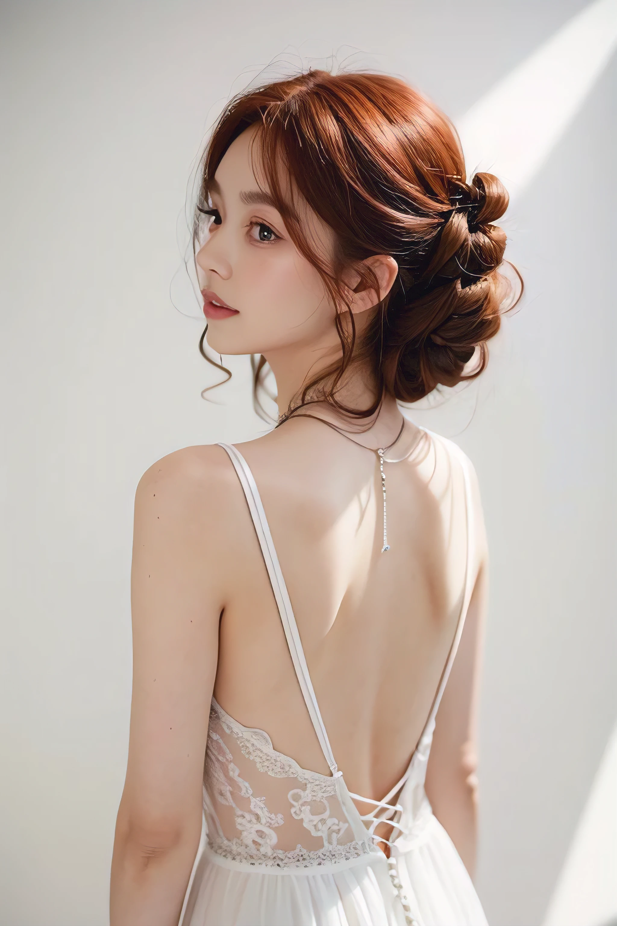 1 girl,face,curly hair, No bangs,redhead,white background、Sheer tops、good back、necklace on collarbone、Wedding Hair、Wedding dress