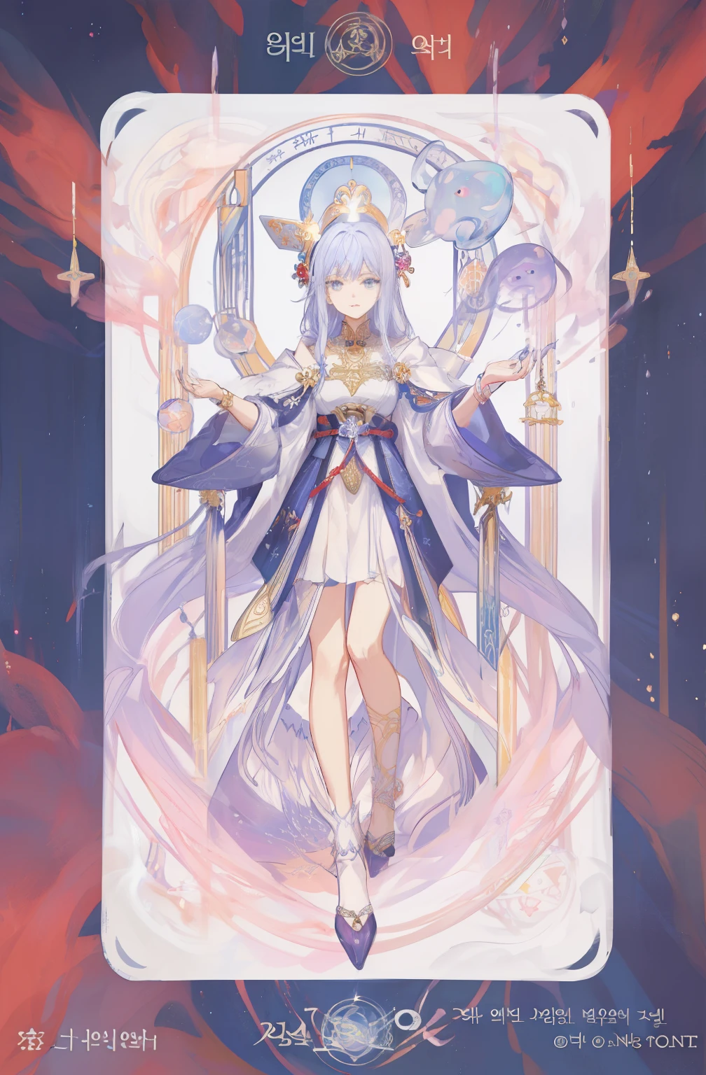 A close-up of a card，There&#39;s a woman in a skirt on it, anime art nouveau cosmic display, greek goddess aphrodite, tarot cards对称图, jellyfish priestess, anime art nouveau, [ tarot cards ]!!!!!, goddess of space and time, tarot cards design, Korean Art Nouveau Animation, High priestess, /!\ witch