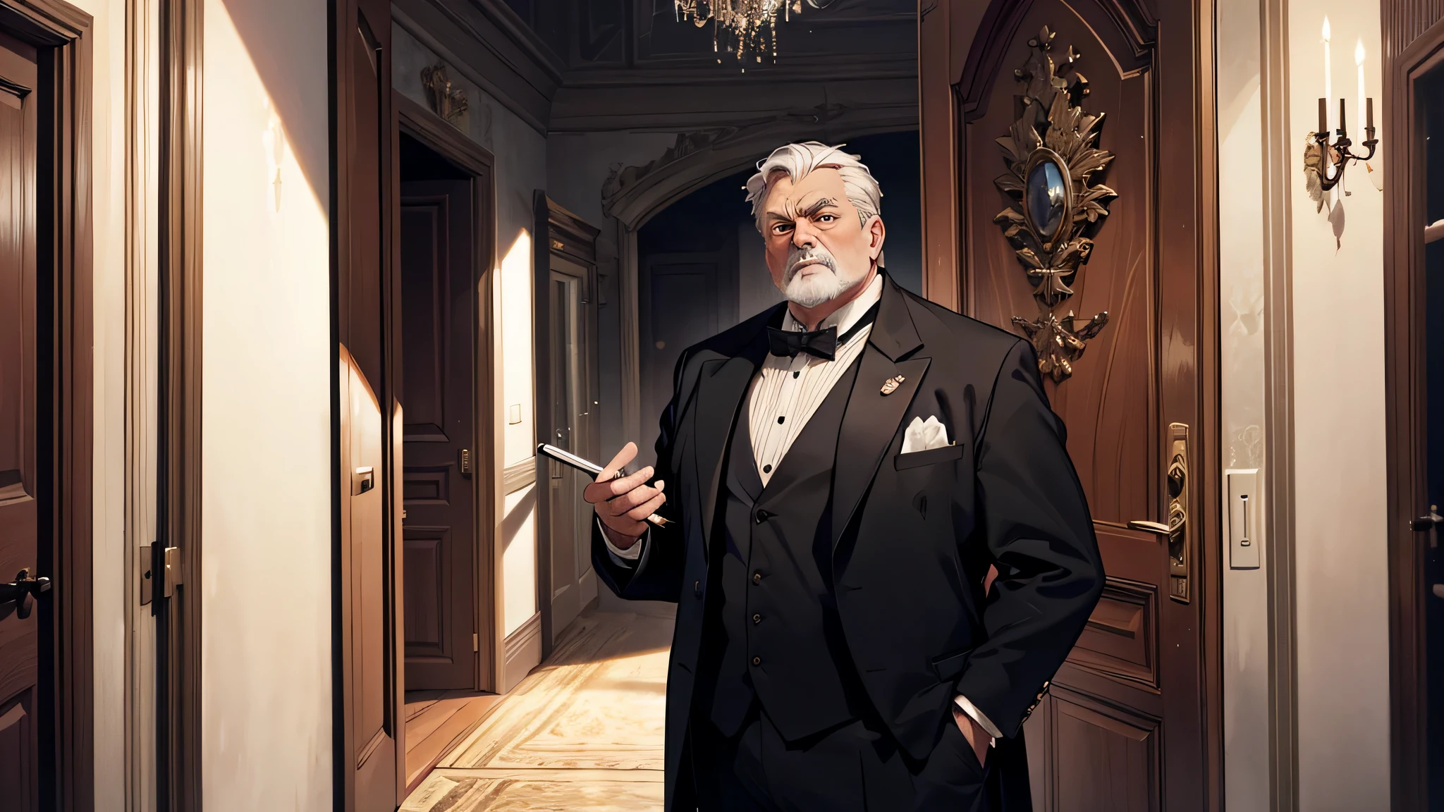 A wise middle aged man standing in front of a door, victorian castle, black suit, chubby man, shouting, angry expression, very detailed face, Her father didn’t agree with valeria and keep shouting that what she talk is a total nonsense