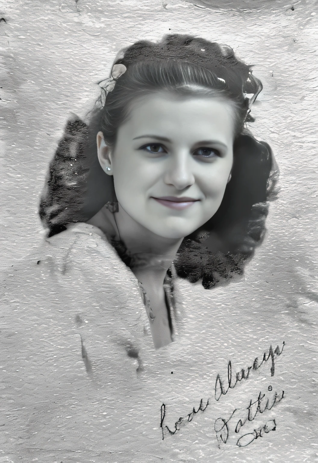 foto arafed de una mujer con una sonrisa en su rostro, realistic Foto viejagraph, foto envejecida, realistic Foto vieja, una vieja foto en blanco y negro, 1 9 4 0 foto, Foto vieja, viejo cuadro, foto de 1940, inspired by Verónica Ruiz de Velasco, foto restaurada, World War 2 portrait photo, vintage closeup photograph