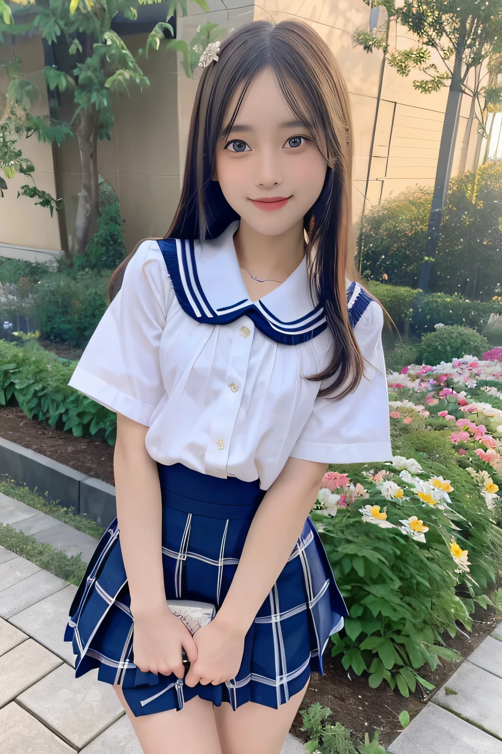 pieces fly、masterpiece、highest quality、Super detailed、High resolution、High resolution、8K portrait、unity 8k wallpaper、Detailed CG、unity 8k wallpaper、Detailed CGユニティ8kの壁紙、realistic、real person、portrait photography、shiny skin、(25 years old:1.2)、High resolution、beautiful clear eyes、very detailed explanation、delicate face、nice lips、thin waist、thin legs、1 girl、(garden:1.3)、(shirt, serafuku, crew_collar, school uniform, pleated skirt)、(big smile:1.2)、(stop temporarily:1.2)、(flat chest:1.4)