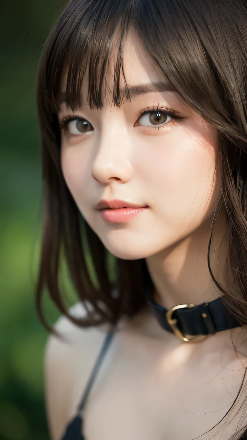 NSFW, masterpiece, highest quality, 8K, 1 girl, 20 me, mouth is slightly open, Vague expression, close, close up of face, alone, cute, girly, delicate girl, Neat beauty, RAW photo, professional photography, portrait, soft light, professional lighting, Backlight, looking forward to your eyes, Sophisticated, film grain, (Eye and face details:1.0), big breasts、((slightly saggy chest))、medium length floating hair, BDSM, slave, black corset, bondage, collar, beautiful flowing hair, (leaning forward)、bangs, (body facing forward,face to face:1.3), whole body、smile