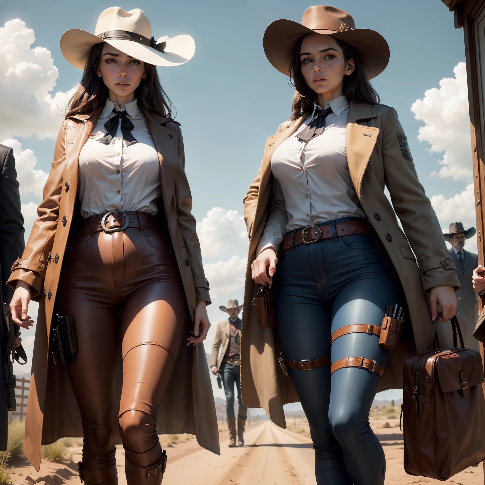 (masterpiece), ((a woman)), wearing a (shabby coat), long coat, (brown leather pants), (hat) with a (belt with holster and Colt 45), set in the wild west under a sky (sunny), wind, carriages. Images must be (intricate), (ultra-detailed), in (8K), with (HDR) and (UHD) quality.