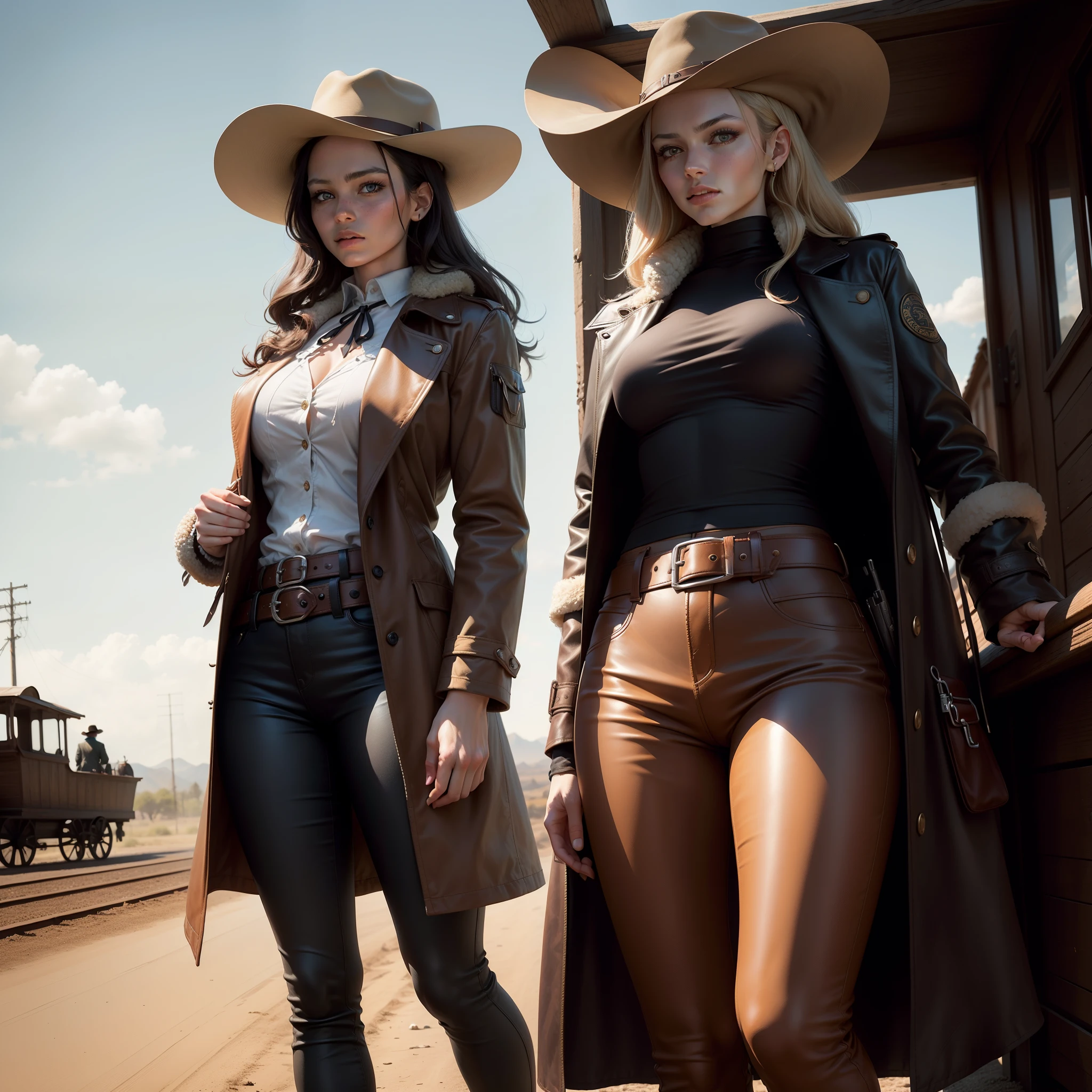 (masterpiece), ((a woman)), wearing a (shabby coat), long coat, (brown leather pants), (hat) with a (belt with holster and Colt 45), set in the wild west under a sky (sunny), wind, carriages. Images must be (intricate), (ultra-detailed), in (8K), with (HDR) and (UHD) quality.