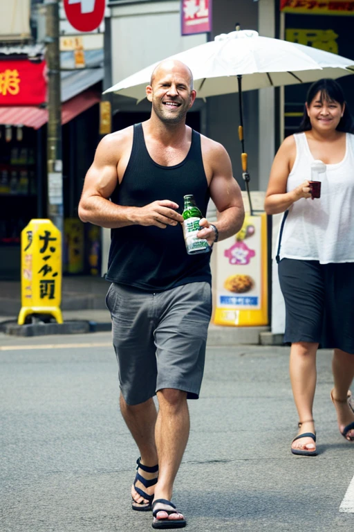 Louis XVI、fat abdomen、walking unsteadily、Smoking、Drunk、smile、Tank top、Steteko、crocs sandals、Holding a plastic bag from a convenience store、Holding a beer bottle、Downtown of Katsushika Ward、A drunk middle-aged man collapses、A middle-aged woman with heavy makeup is walking
