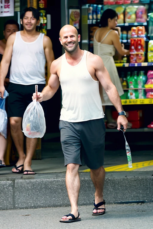 Louis XVI、fat abdomen、walking unsteadily、Smoking、Drunk、smile、Tank top、Steteko、crocs sandals、Holding a plastic bag from a convenience store、Holding a beer bottle、Downtown of Katsushika Ward、A drunk middle-aged man collapses、A middle-aged woman with heavy makeup is walking