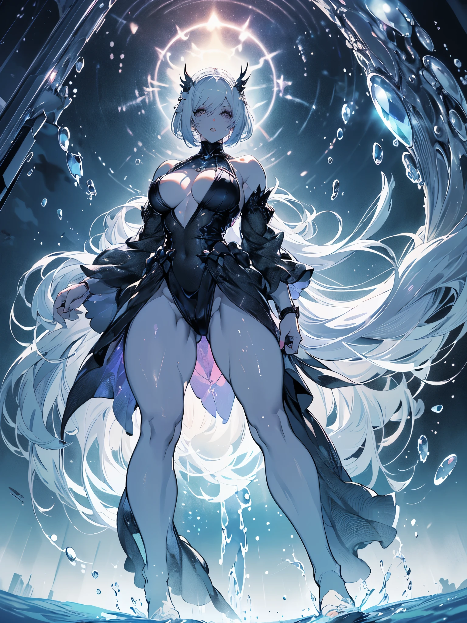 An extremely attractive woman, perfect big eyes, thick lips, white hair, short bob hair, long sideburns, low-cut small breasts, thick muscle body, thick ass, full body, short white and translucent clothes, (((walking on the pure waters of a mythical ocean))), lots of dark blue and navy blue, {extremely detailed 16k CG unit wallpaper}, expansive landscape photography, (a low view with focus on character and setting), (wide view wide field), (low angle shot), (high light: 1.3), (low light: 1.5), (warm light source: 1.3), complex details, (iridescent colors: 1.5), (bright lighting), (atmospheric lighting), Dreamy, unique,