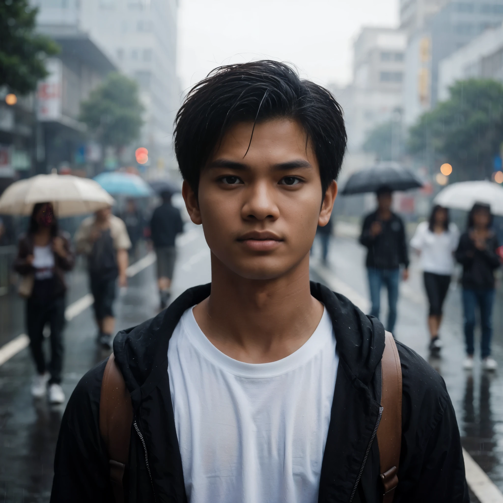 an 18 year old man from Indonesia wearing a white t-shirt, black jacket, brown skin, standing on the main road, people walking, heavy rain around him, very detailed texture, sharp eyes, realistic hair, hyperrealistic, very detailed, this film was shot with the best cameras in the world, ultra HD, 16K, very realistic, photorealistic, a masterpiece.