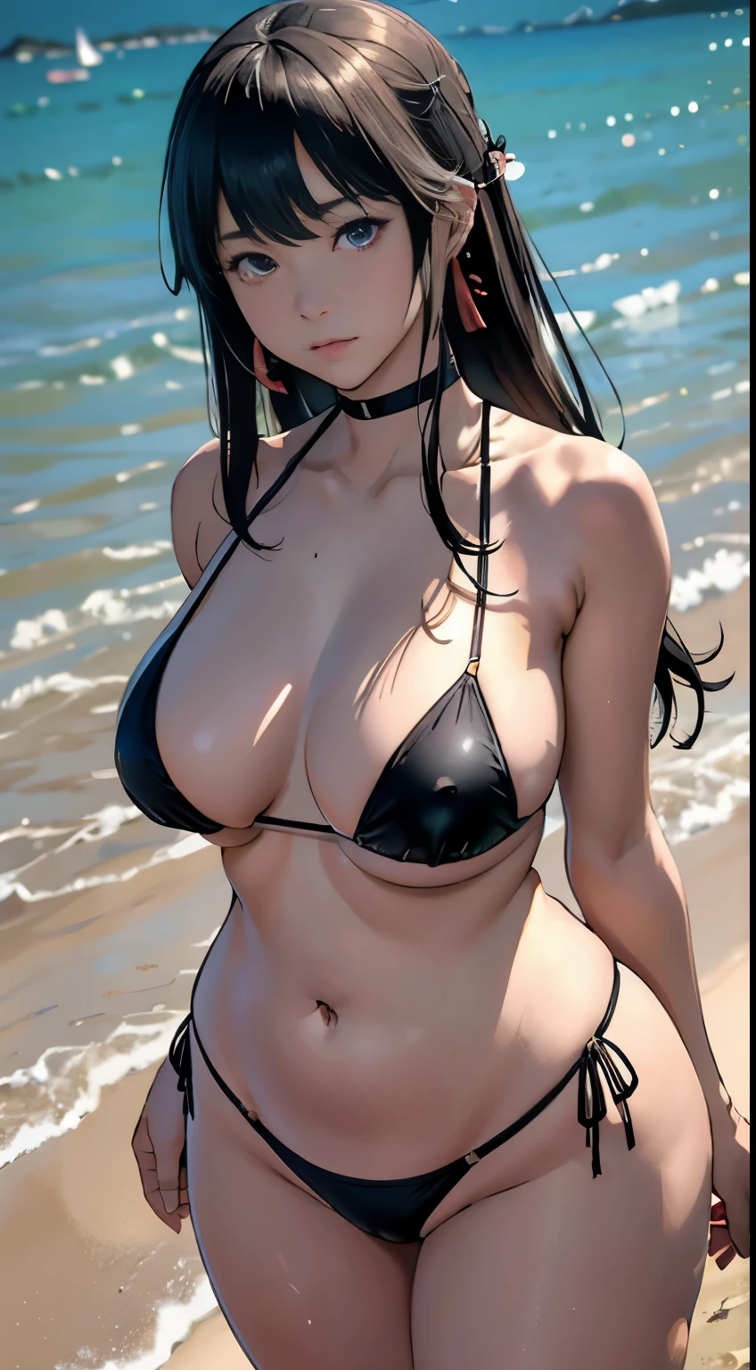 (8K, RAW photo, highest quality, masterpiece:1.2), one woman、18 year old Japanese,whole body.{cinematic angle、wide angleの}(realistic skin 1.4)、(((Swim in the sandy beach)))、(((swimsuit、High leg、bikini、topless)))((Hop on the sandy beach))、50mm lens、30mm film、wide angle、(long hair、Okappa)、(black haired、The forehead is hidden by bangs、)、black eye、shiny skin.beautiful and delicate face、beautiful and delicate eyes、{big breasts、、plump body shape、thick thighs}、One piercing in each ear、