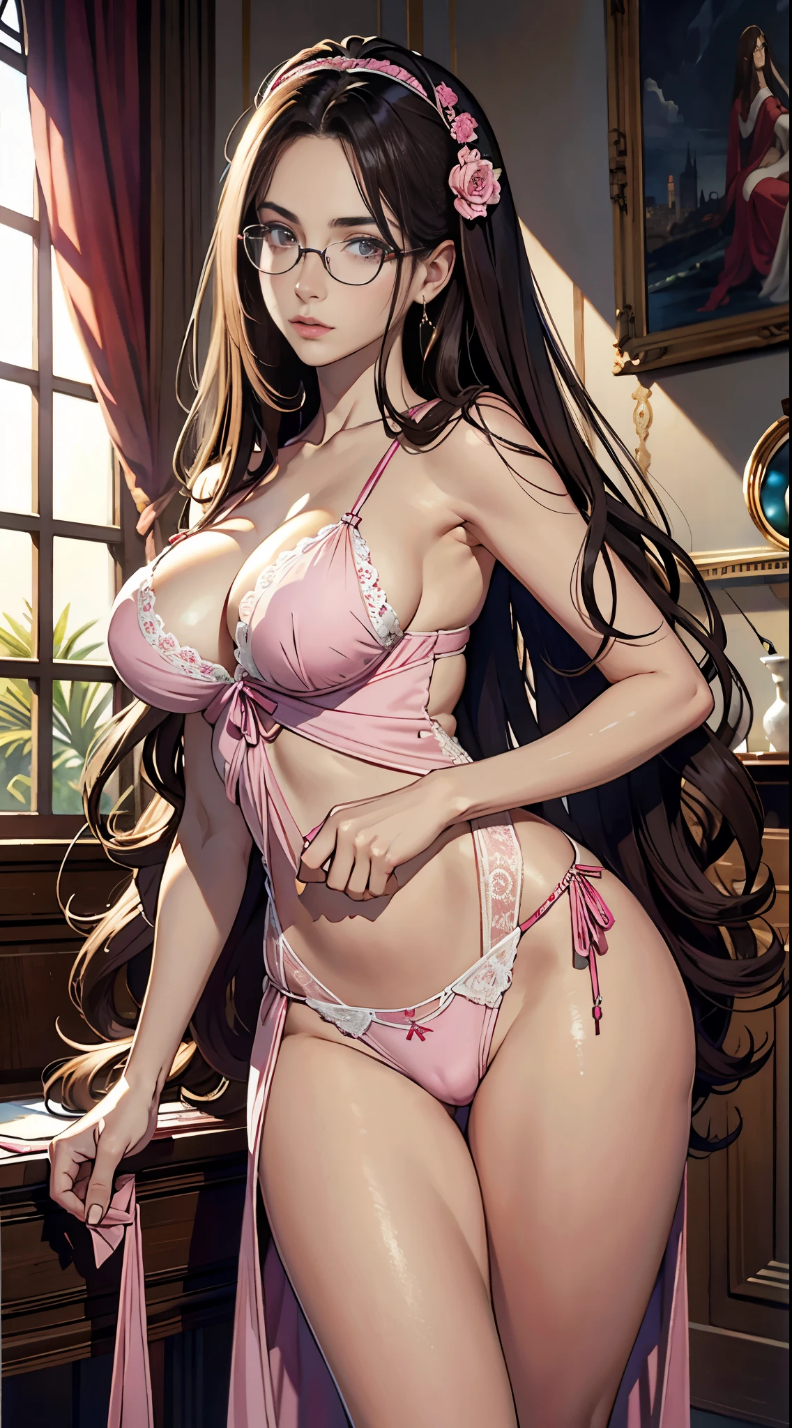 Beautiful italian woman, ((best quality)), ((masterpiece)), ( extreme detailed, highest detailed, official art, beautiful and aesthetic:1.2), absurdly long hair, hair between eyes, brown hair, pink eyes, (((glasses))), big breast, sexy, thong, traslucent nightgown, barefoot,