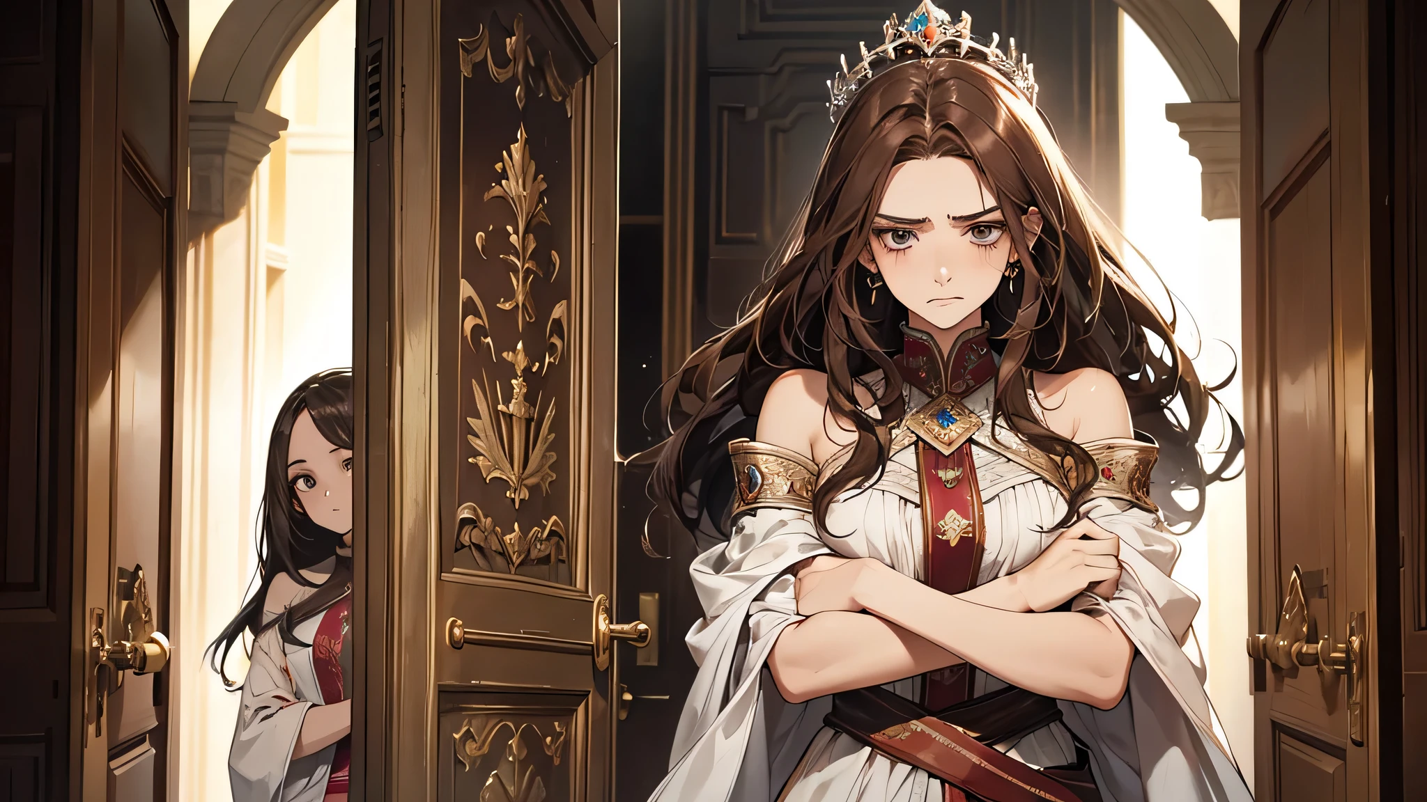 A woman,brunette color hair,Of the Skin extremely white porcelain, Spanish, long on shoulders black and smooth, fringe of Amazonian India, crown of princess, thick brown hair, Wrinkles,Panicked expression,Serious expressions,grieves,weeping,Sad,haggard,Crossed arms,full bodyesbian,Faraway view,Outside the door of the room, Valeria starting to feel her patience running out and call her dad silently. When Valeria interrupted the man’s speech, she turned towards the doors and extended her right hand.