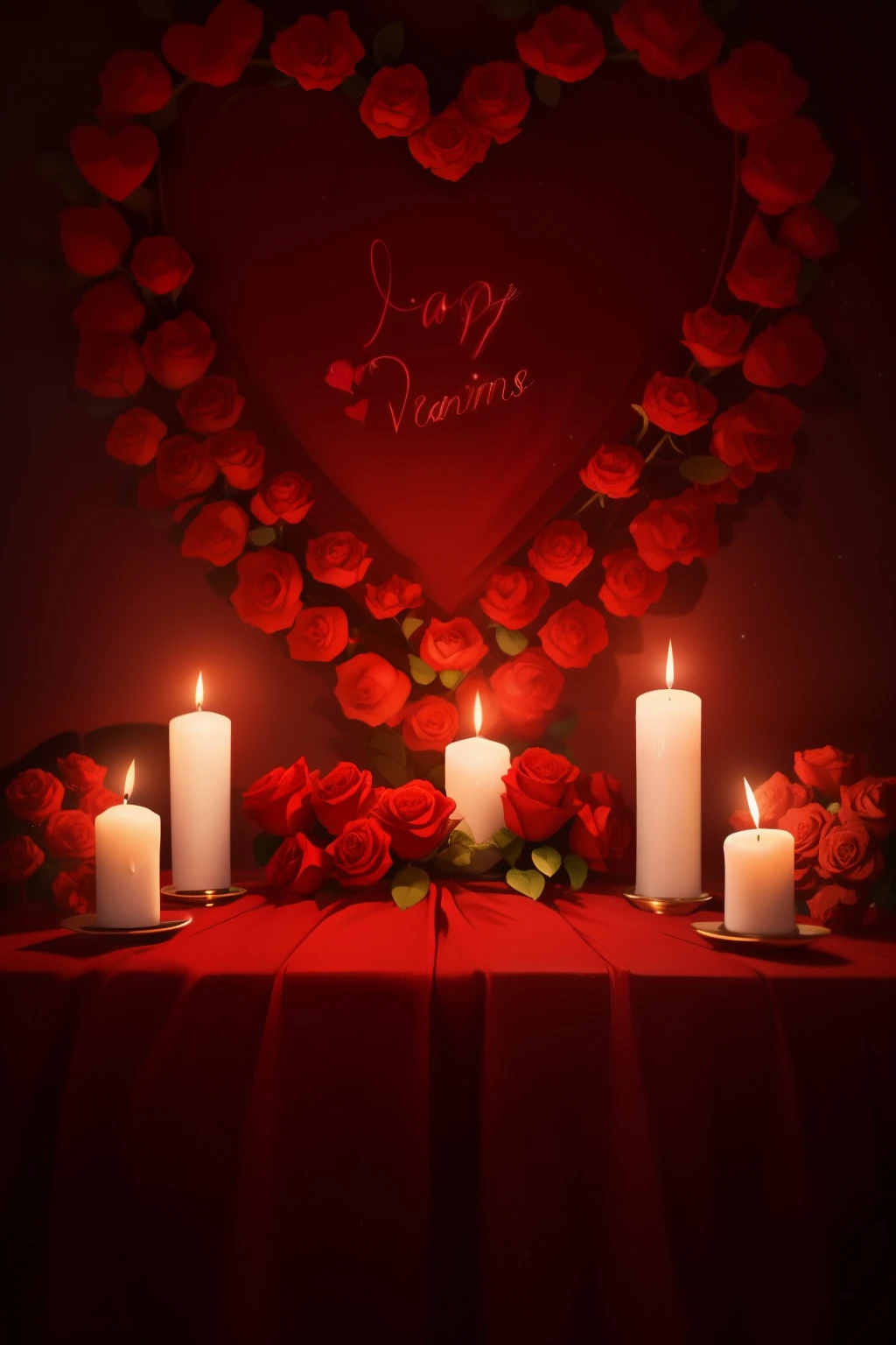 A romantic scene for Valentine's Day photos, solo setting, (red background), candlelit room, (couple in focus), heart-shaped decorations, (intimate atmosphere), roses on the table, (soft shading), high resolution, detailed textures, (blurred background), 4k, cinematic, sweet and affectionate.