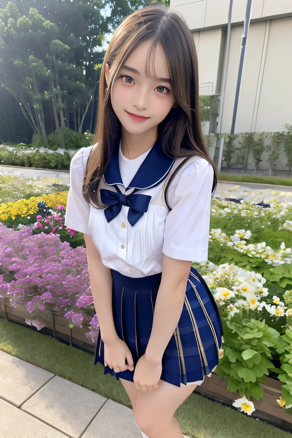 pieces fly、masterpiece、highest quality、Super detailed、High resolution、High resolution、8K portrait、unity 8k wallpaper、Detailed CG、unity 8k wallpaper、Detailed CGユニティ8kの壁紙、realistic、real person、portrait photography、shiny skin、(25 years old:1.2)、High resolution、beautiful clear eyes、very detailed explanation、delicate face、nice lips、thin waist、thin legs、1 girl、(garden:1.3)、(school uniform:1.4)、(sailor suit:1.2)、(navy pleated skirt:1.3)、(big smile:1.2)、(stop temporarily:1.2)、(small breasts:1.2)