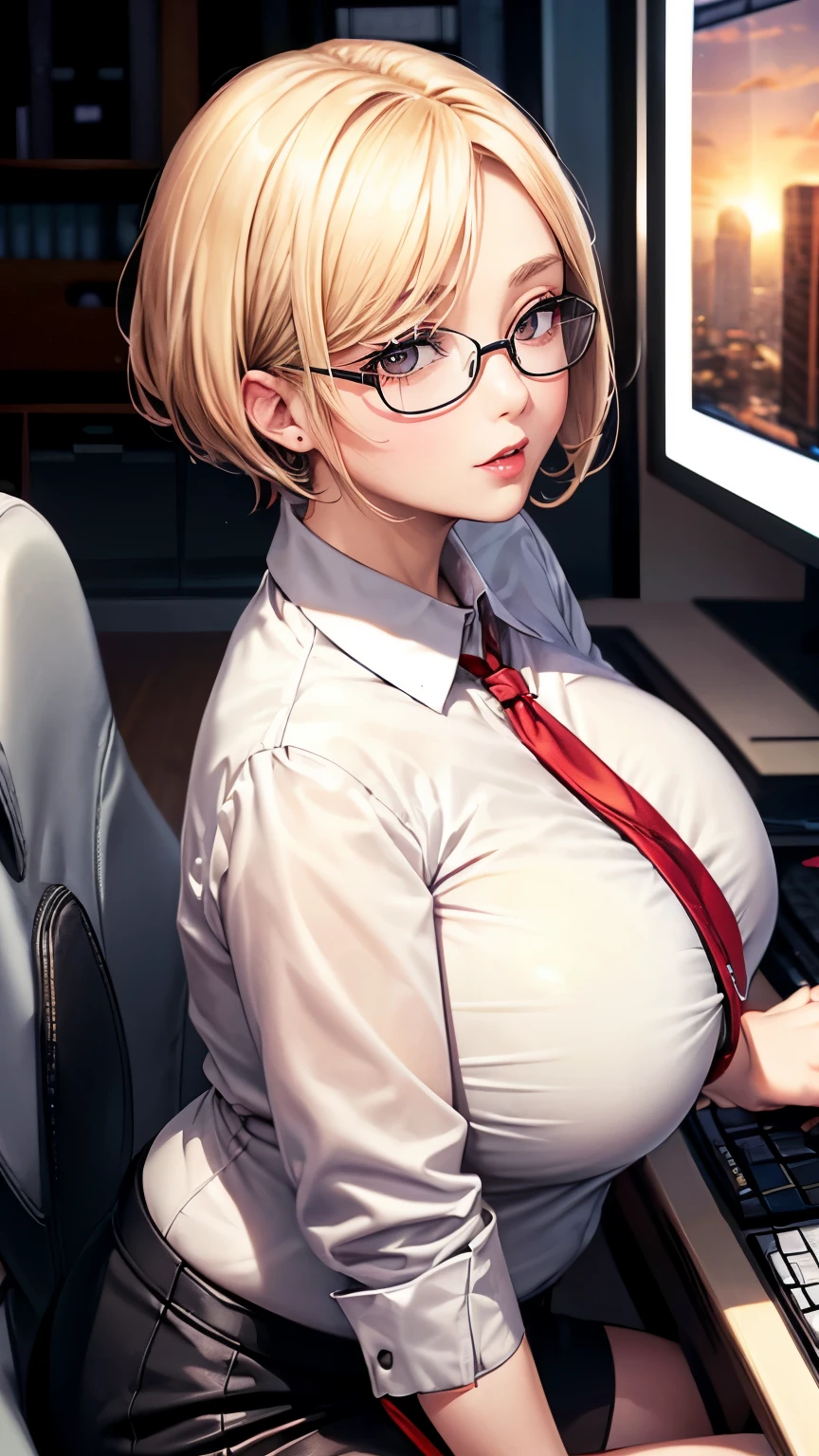 Blonde Shorthair　Glasses　black blouse　black tight skirt　stockings　(lanyard id card)　50 years old　red rouge plump lips　round face　Plump　back view　(eyecontact)　looking at the camera　(A female employee sits on a chair at a computer desk in an office in a high-rise building and turns around to seduce me.)　sunset　