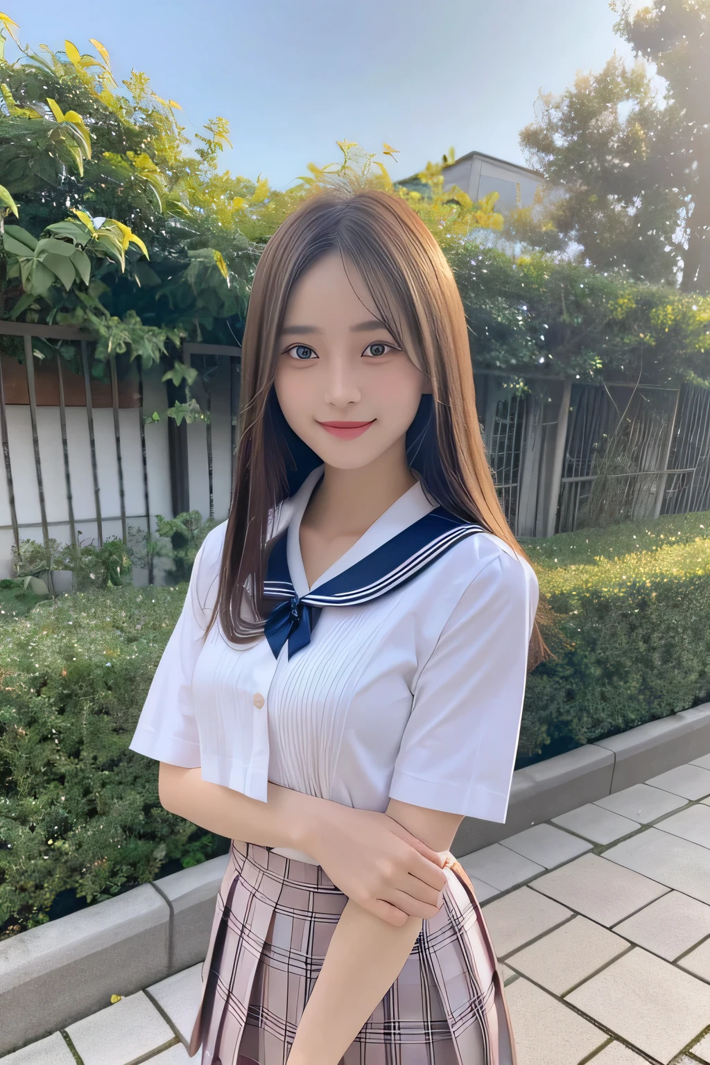 pieces fly、masterpiece、highest quality、Super detailed、High resolution、High resolution、8K portrait、unity 8k wallpaper、Detailed CG、unity 8k wallpaper、Detailed CGユニティ8kの壁紙、realistic、real person、portrait photography、shiny skin、（25 years old:1.2）、High resolution、beautiful clear eyes、very detailed explanation、delicate face、nice lips、thin waist、thin legs、1 girl、(garden:1.3)、(shirt, serafuku, crew_collar, school uniform, pleated skirt)、(big smile:1.2)、(stop temporarily:1.2)、(flat chest:1.4)