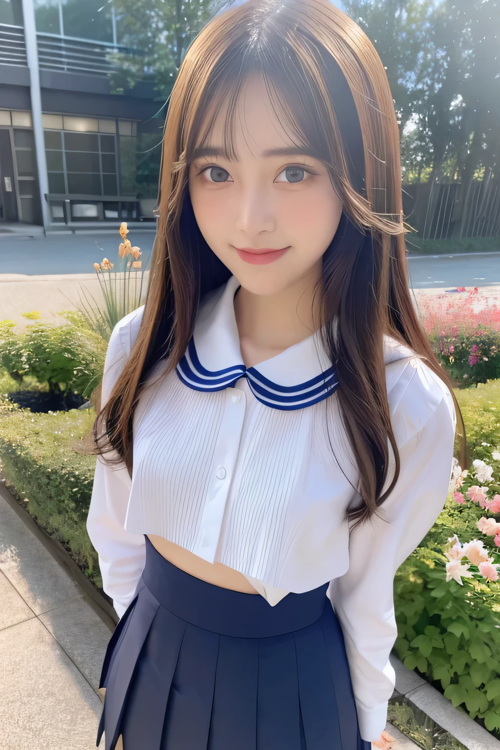 pieces fly、masterpiece、highest quality、Super detailed、High resolution、High resolution、8K portrait、unity 8k wallpaper、Detailed CG、unity 8k wallpaper、Detailed CGユニティ8kの壁紙、realistic、real person、portrait photography、shiny skin、（25 years old:1.2）、High resolution、beautiful clear eyes、very detailed explanation、delicate face、nice lips、thin waist、thin legs、1 girl、(garden:1.3)、(shirt, serafuku, crew_collar, school uniform, pleated skirt)、(big smile:1.2)、(stop temporarily:1.2)、(flat chest:1.4)
