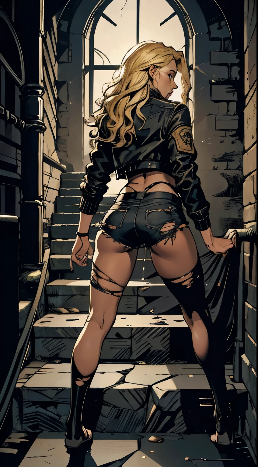 Caucasian woman, blonde hair, wavy hair, long hair, athletic body, (((torn black shorts))), (((torn black jacket))), (((climbing stone stairs))), dungeon hallways stone, inside the dungeon, stone floors, bare feet, (((no people))), inside the dungeon, (((from the back))), focusing on the buttocks, (((at night))), (((shot centered from bottom to top))).