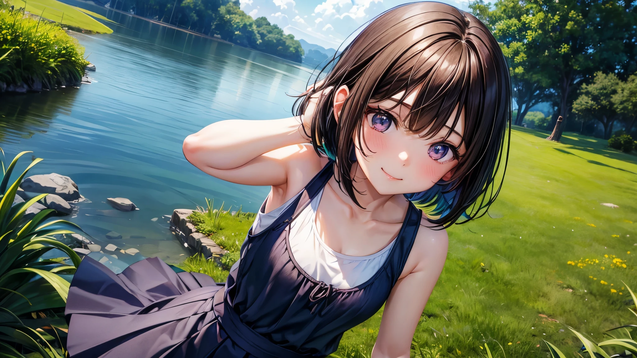 とっても可愛いgirl、(girl、)、dark brown hair、cowboy shot、bob cut、short hair、violet eye、Brown eye、smile、clear white skin、Navy blue tank top、navy blue blitz skirt、whole body、grassland、8K、4K、High resolution、fine-grained、girl2人。