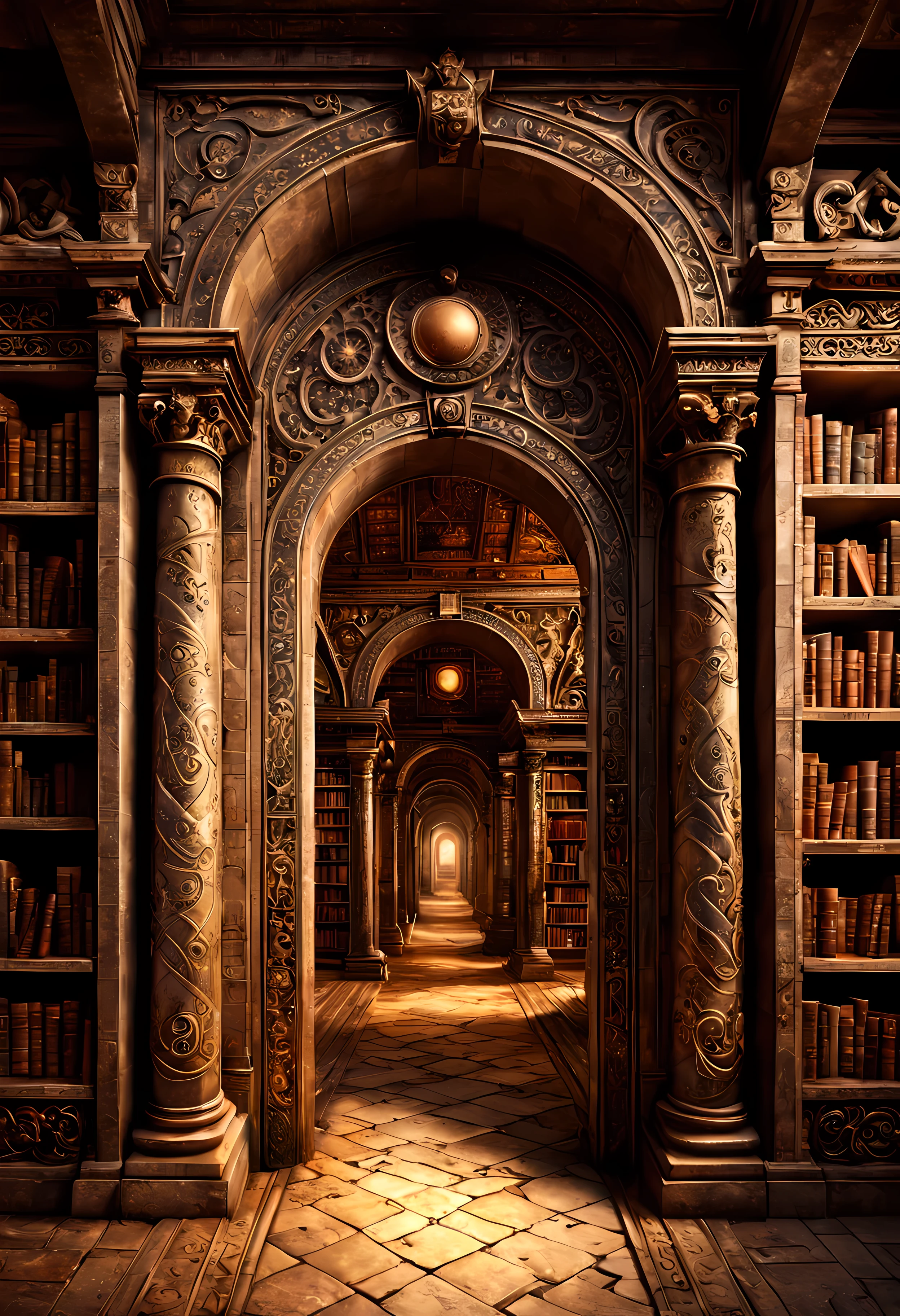 (Cute cartoon style:1.4), masterpiece in maximum 16K resolution. | A forgotten secret passage between the bookshelves of an ancient grand library, weathered ornate gateway is covered in intricate engravings and symbols. | The gateway emanates an ethereal glow, the books exclude magic symbols. | ((More_Detail))