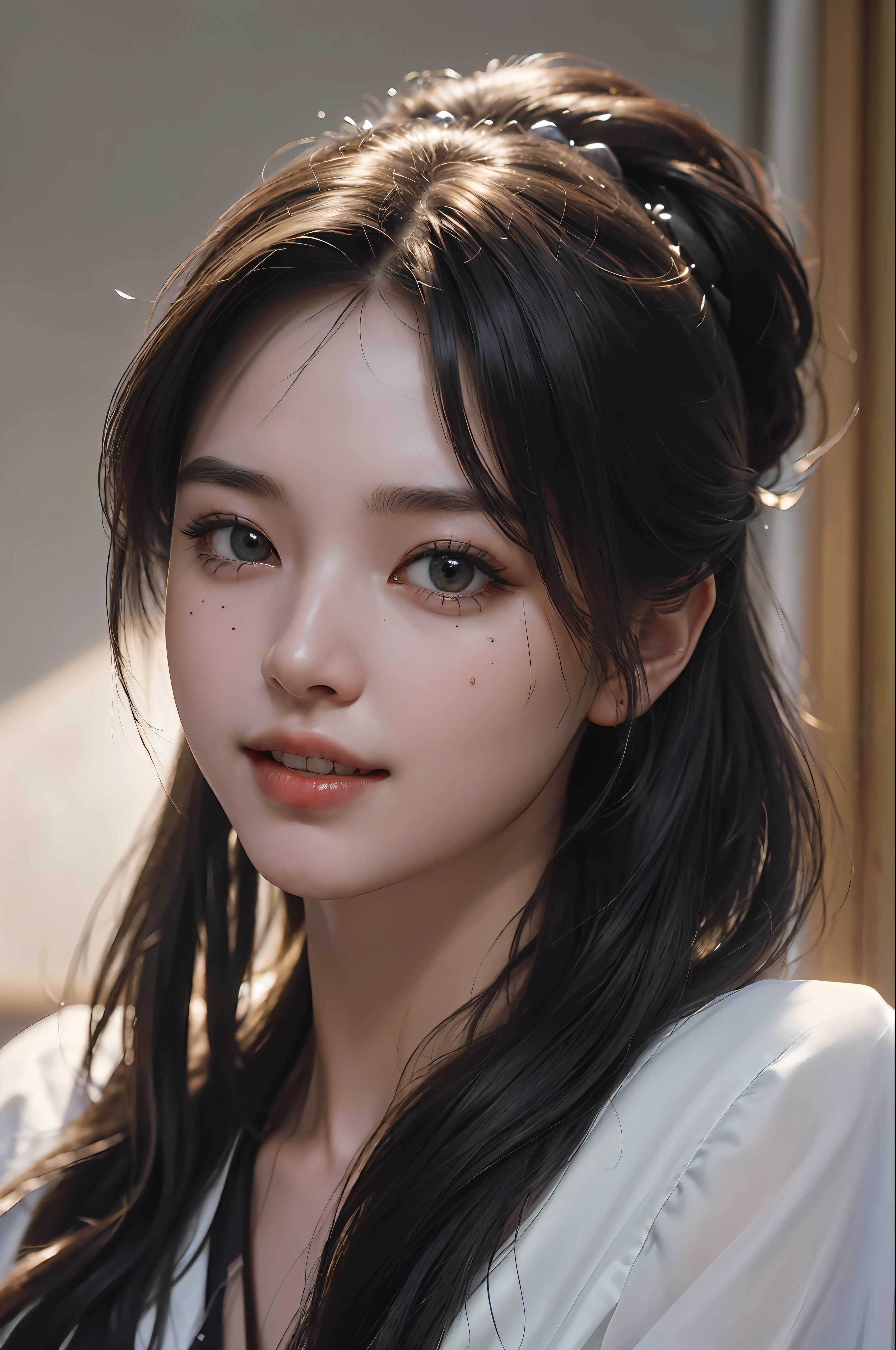 (masterpiece, highest quality, beautiful quality, realistic, looking at the viewer, detailed lighting, highly detailed skin, highly detailed hair, very fine teeth, Shadow, 8K:1.2), (women pictures, 1 girl:1.2),