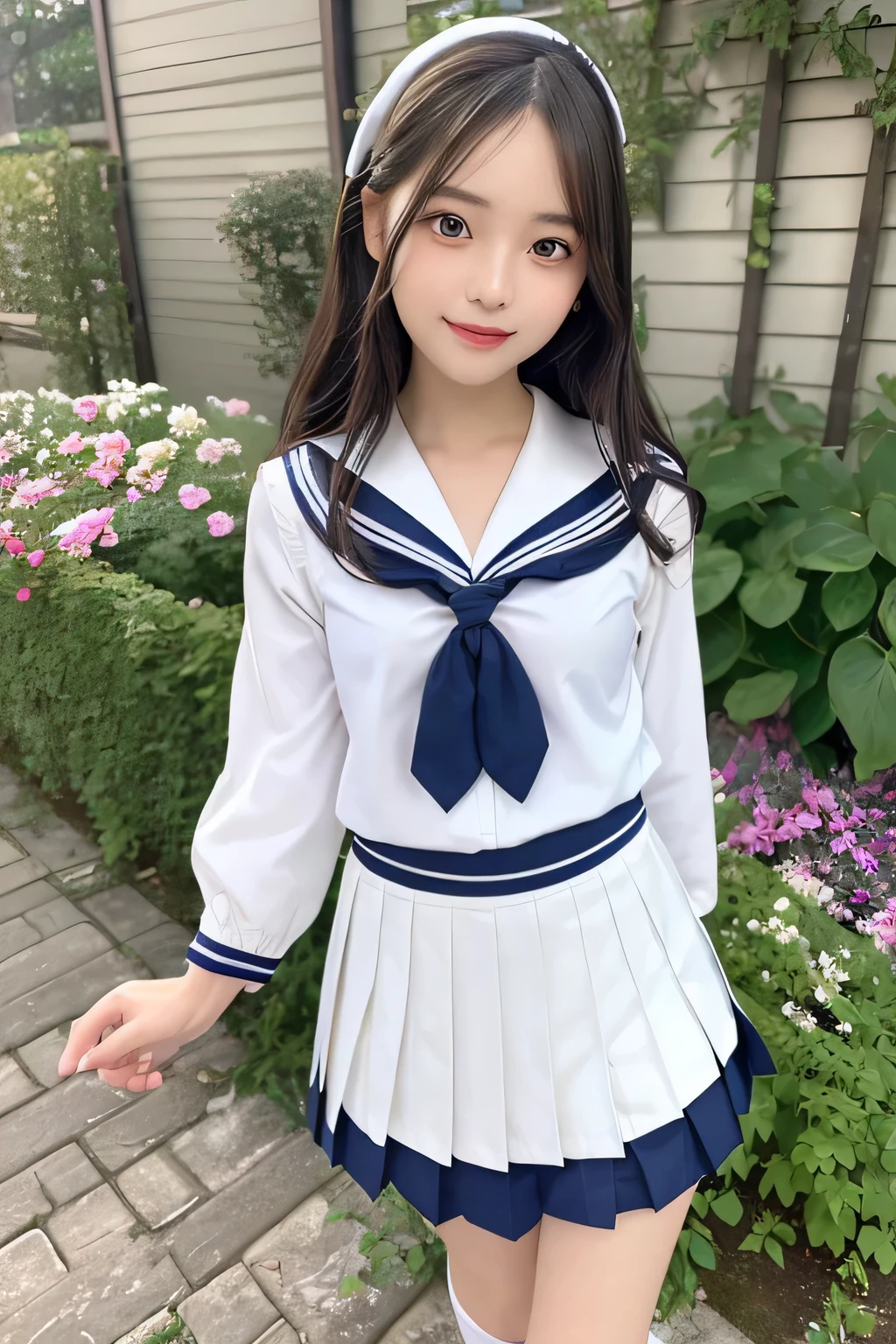 pieces fly、masterpiece、highest quality、Super detailed、High resolution、High resolution、8K portrait、unity 8k wallpaper、Detailed CG、unity 8k wallpaper、Detailed CGユニティ8kの壁紙、realistic、real person、portrait photography、shiny skin、（25 years old:1.2）、High resolution、beautiful clear eyes、very detailed explanation、delicate face、nice lips、thin waist、thin legs、1 girl、(garden:1.3)、(sailor suit,tops white,pleated skirt navy:1.4)、(sailor suit:1.2)、(navy pleated skirt:1.3)、(big smile:1.2)、(stop temporarily:1.2)、(small breasts:1.2)