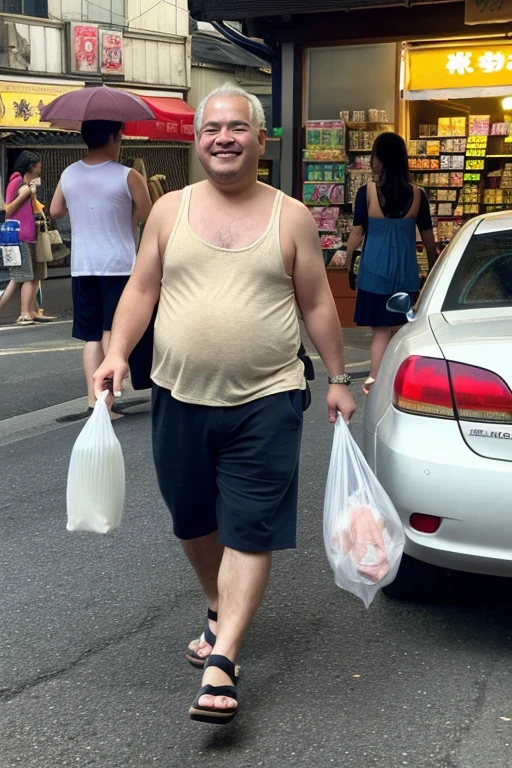 Louis XVI、fat abdomen、walking unsteadily、Smoking、Drunk、smile、Tank top、Steteko、crocs sandals、Holding a plastic bag from a convenience store、Holding a beer bottle、Downtown of Katsushika Ward、A drunk middle-aged man collapses、A middle-aged woman with heavy makeup is walking