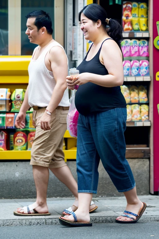 Louis XVI、fat abdomen、walking unsteadily、Smoking、Drunk、smile、Tank top、Steteko、crocs sandals、Holding a plastic bag from a convenience store、Holding a beer bottle、Downtown of Katsushika Ward、A drunk middle-aged man collapses、A middle-aged woman with heavy makeup is walking