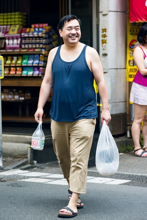 Louis XVI、fat abdomen、walking unsteadily、Smoking、Drunk、smile、Tank top、Steteko、crocs sandals、Holding a plastic bag from a convenience store、Holding a beer bottle、Downtown of Katsushika Ward、A drunk middle-aged man collapses、A middle-aged woman with heavy makeup is walking