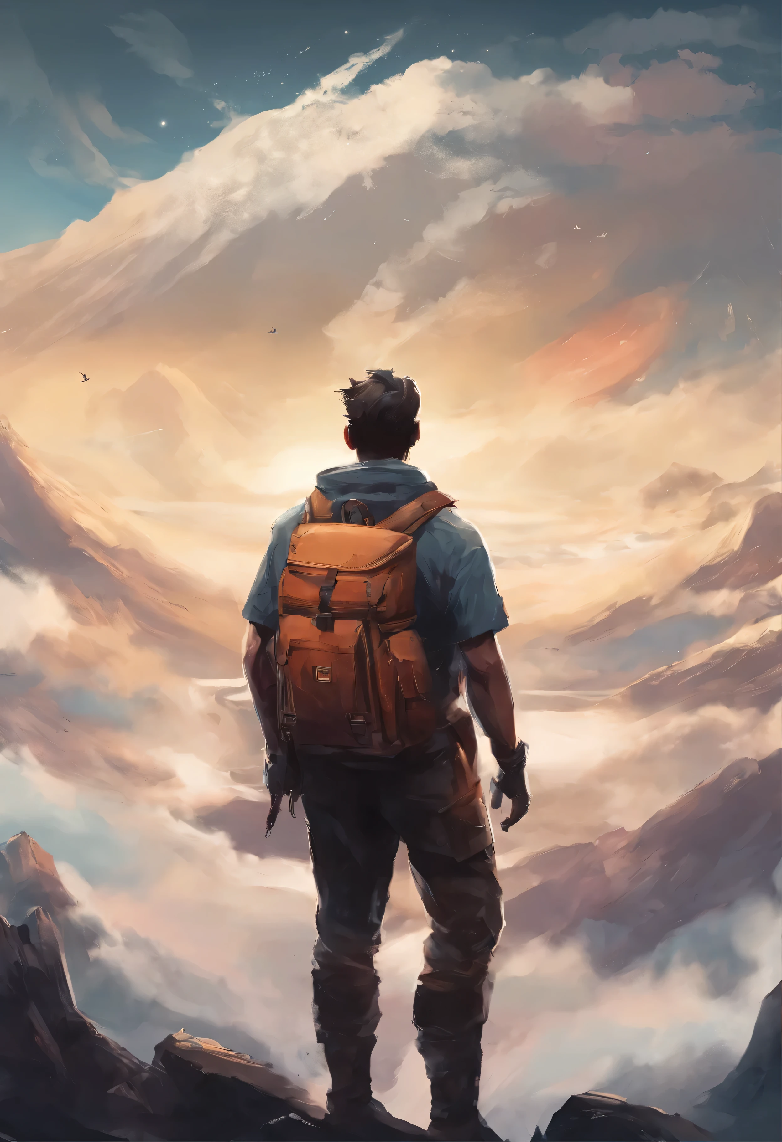 best quality, 4K，masterpiece, high resolution, Surrealism,top of mountain，A muscular man，Carrying a hiking bag，Rear view，The characters are smaller in proportion，The sun shines，There is a sea of clouds in the distance