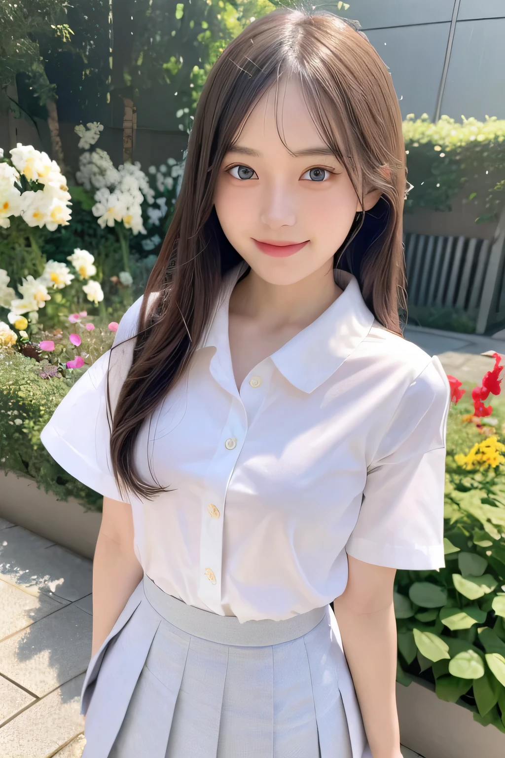 pieces fly、masterpiece、highest quality、Super detailed、High resolution、High resolution、8K portrait、unity 8k wallpaper、Detailed CG、unity 8k wallpaper、Detailed CGユニティ8kの壁紙、realistic、real person、portrait photography、shiny skin、(25 years old:1.2)、High resolution、beautiful clear eyes、very detailed explanation、delicate face、nice lips、thin waist、thin legs、1 girl、(garden:1.3)、(shirt, serafuku, crew_collar, alone, white shirt, school uniform, pleated skirt, collared shirt)、(big smile:1.2)、(stop temporarily:1.2)、(flat chest:1.4)