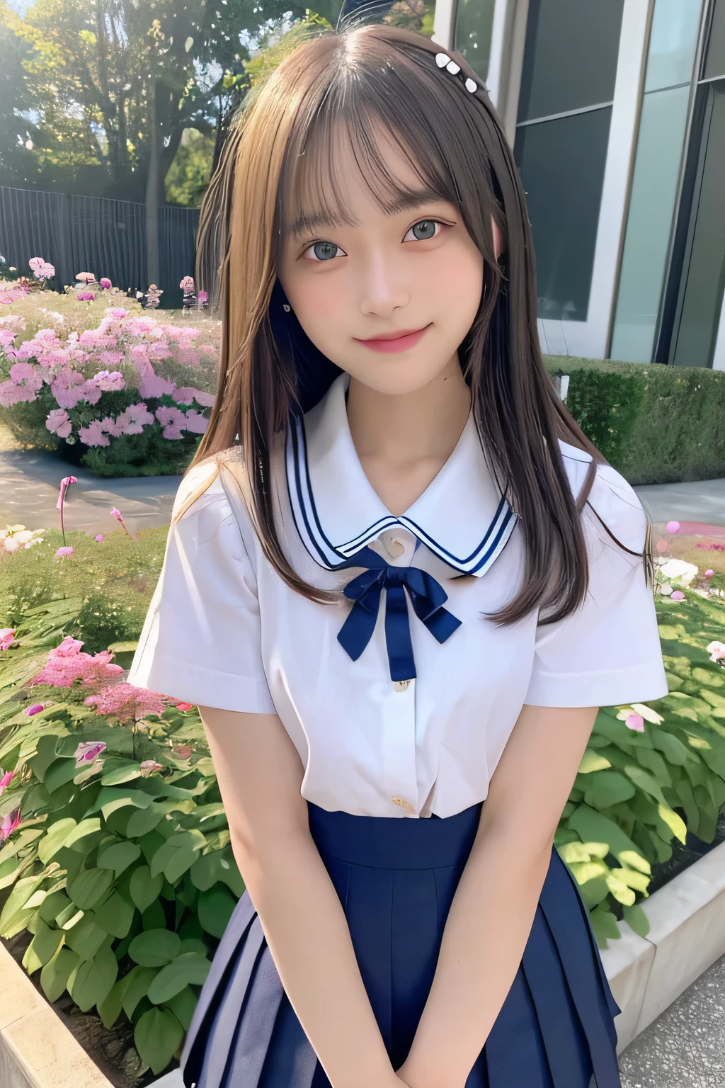 pieces fly、masterpiece、highest quality、Super detailed、High resolution、High resolution、8K portrait、unity 8k wallpaper、Detailed CG、unity 8k wallpaper、Detailed CGユニティ8kの壁紙、realistic、real person、portrait photography、shiny skin、(25 years old:1.2)、High resolution、beautiful clear eyes、very detailed explanation、delicate face、nice lips、thin waist、thin legs、1 girl、(garden:1.3)、(shirt, serafuku, crew_collar, school uniform, pleated skirt)、(big smile:1.2)、(stop temporarily:1.2)、(flat chest:1.4)