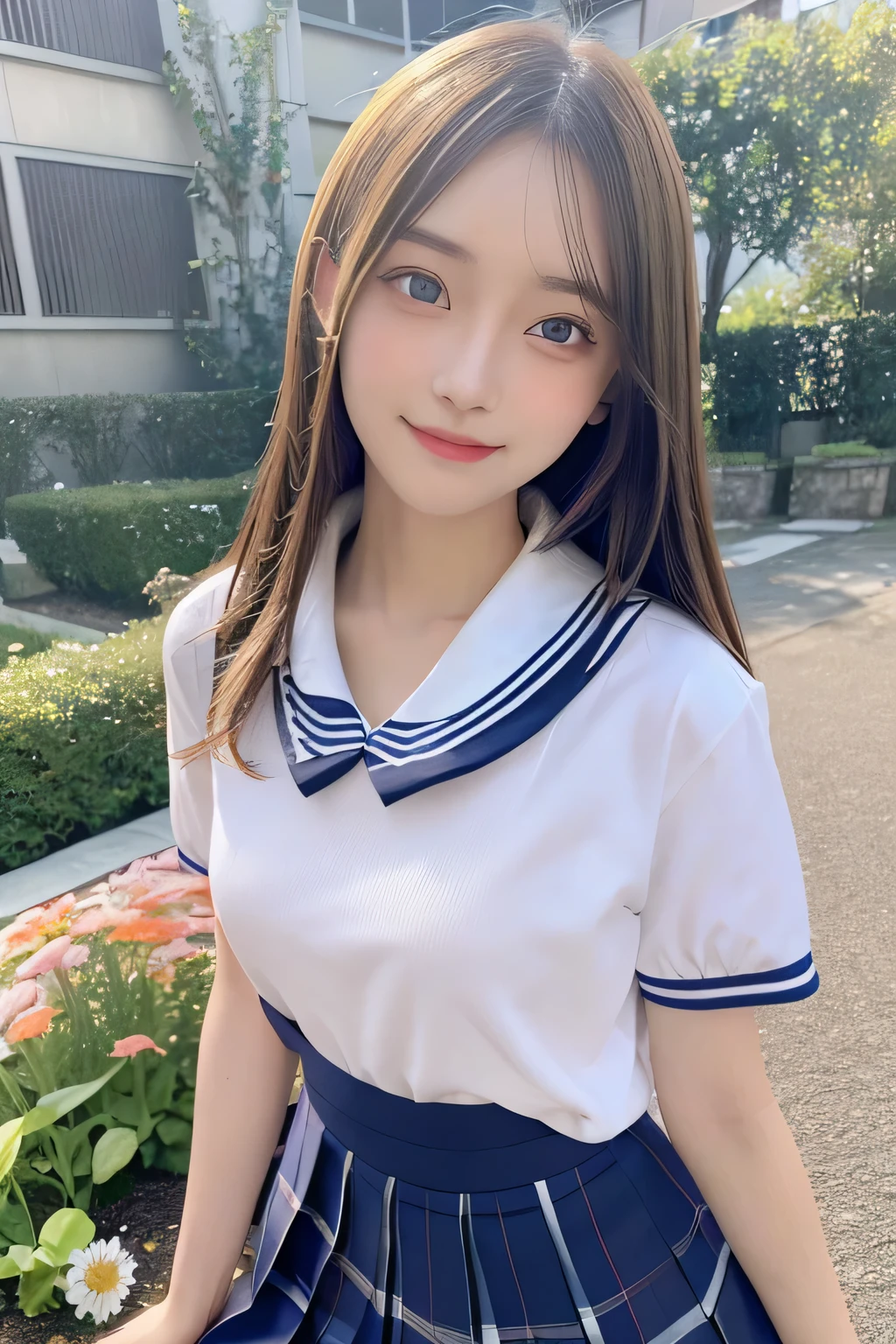 pieces fly、masterpiece、highest quality、Super detailed、High resolution、High resolution、8K portrait、unity 8k wallpaper、Detailed CG、unity 8k wallpaper、Detailed CGユニティ8kの壁紙、realistic、real person、portrait photography、shiny skin、(25 years old:1.2)、High resolution、beautiful clear eyes、very detailed explanation、delicate face、nice lips、thin waist、thin legs、1 girl、(garden:1.3)、(shirt, serafuku, crew_collar, school uniform, pleated skirt)、(big smile:1.2)、(stop temporarily:1.2)、(flat chest:1.4)