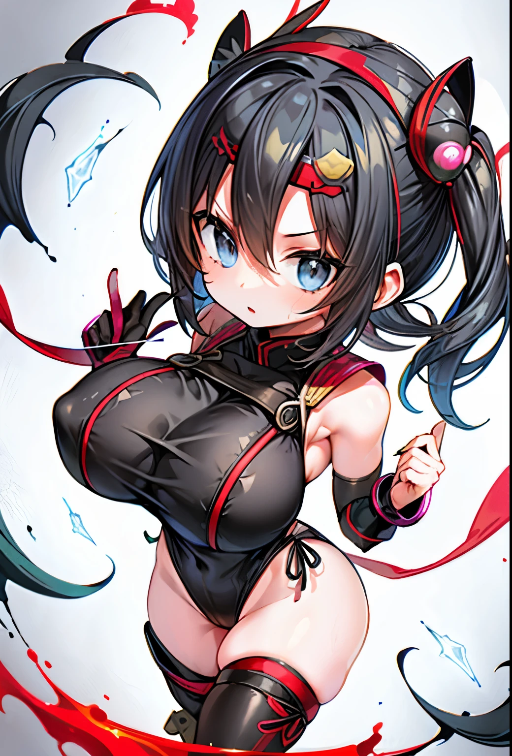 (girl:1.2), (leotard shinobi ninja:1.2), (ice magic), (gigantic breasts:1.2), (black_hair)
