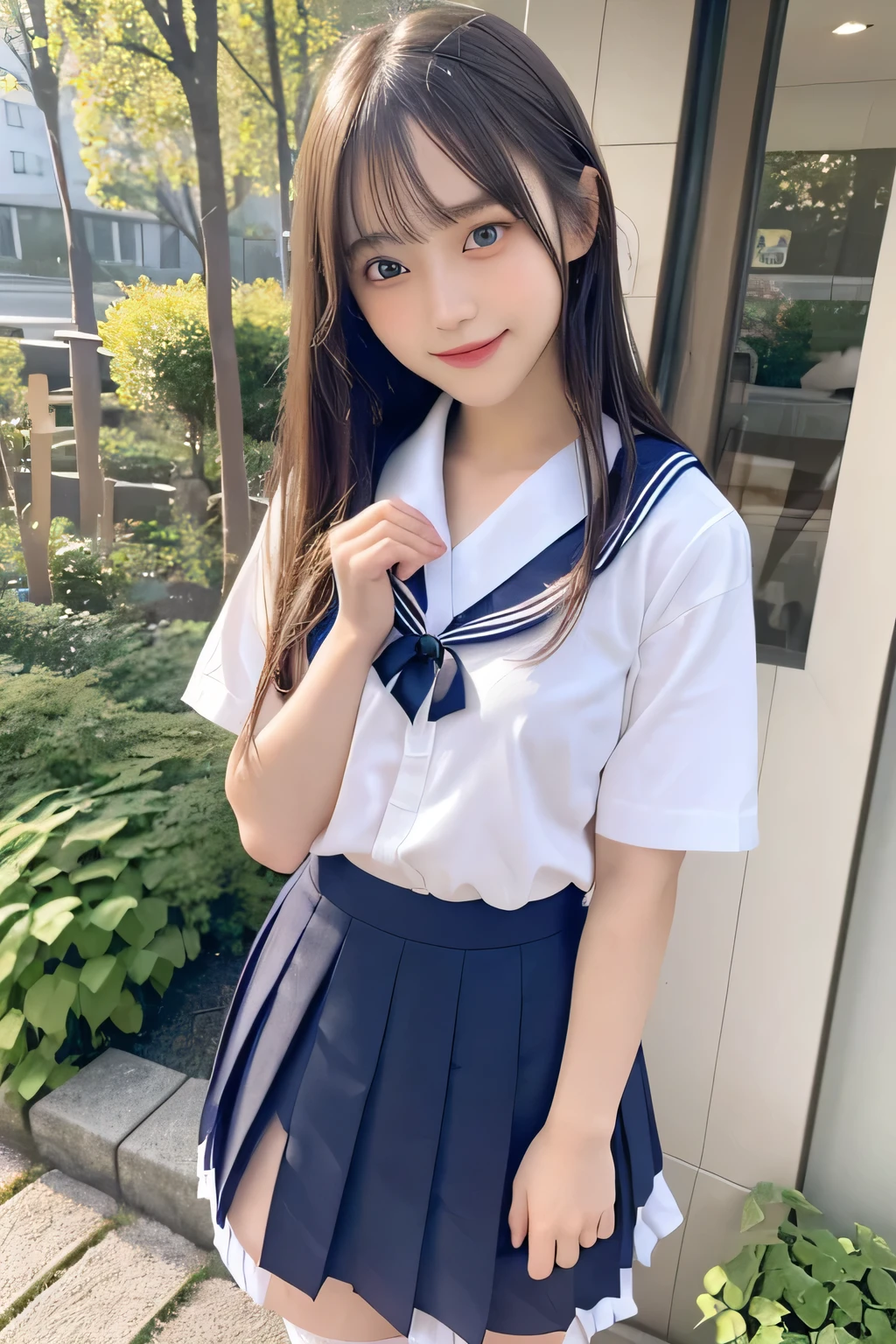 pieces fly、masterpiece、highest quality、Super detailed、High resolution、High resolution、8K portrait、unity 8k wallpaper、Detailed CG、unity 8k wallpaper、Detailed CGユニティ8kの壁紙、realistic、real person、portrait photography、shiny skin、(25 years old:1.2)、High resolution、beautiful clear eyes、very detailed explanation、delicate face、nice lips、thin waist、thin legs、1 girl、(garden:1.3)、(shirt, serafuku, crew_collar, school uniform, pleated skirt)、(big smile:1.2)、(stop temporarily:1.2)、(flat chest:1.4)