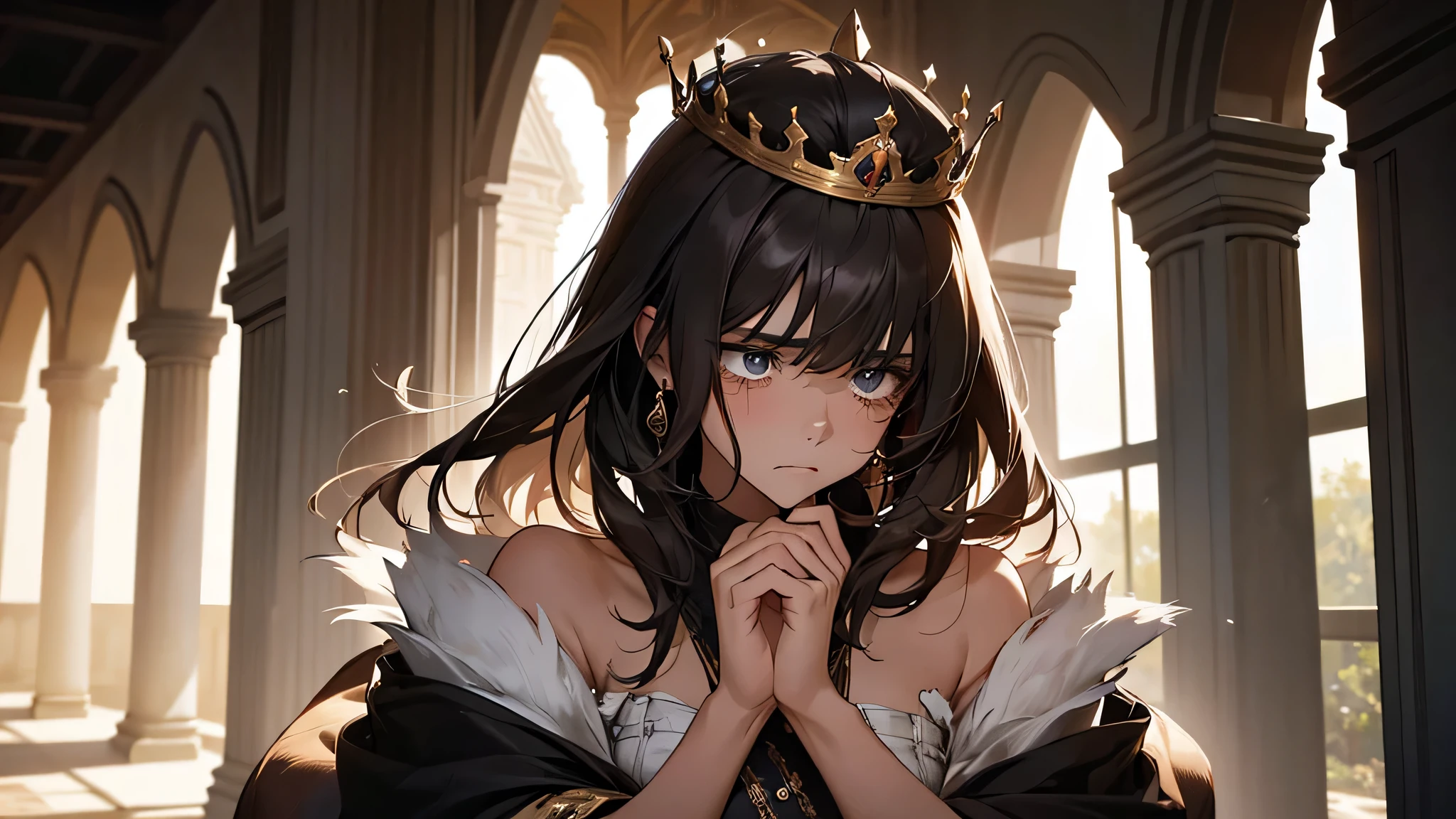 A 15 years old woman,brunette color hair,Of the Skin extremely white porcelain, Spanish, long on shoulders black and smooth, fringe of Amazonian India, crown of princess, (emotional portrait, sorrowful expression), chiaroscuro, tears in eyes, soft light, on a dark background, a hand supporting the face, a sad expression, She told her father not to be a hindrance. Her father start asking her and he tell her that he will rebuilding this house.