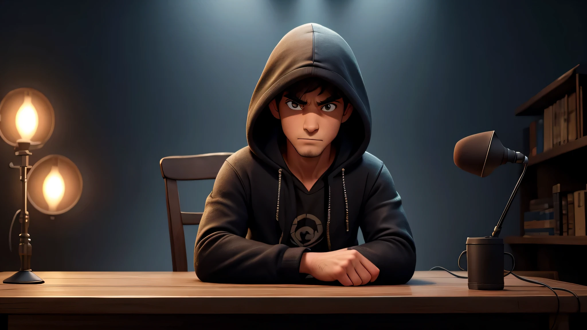 a storyteller, he is sitting in a setup with a microphone on the setup table, he is wearing a hooded jacket, is anxious, He has a serious and intimidating expression. The background is an enigmatic environment, of a typical storyteller mixed with investigation.