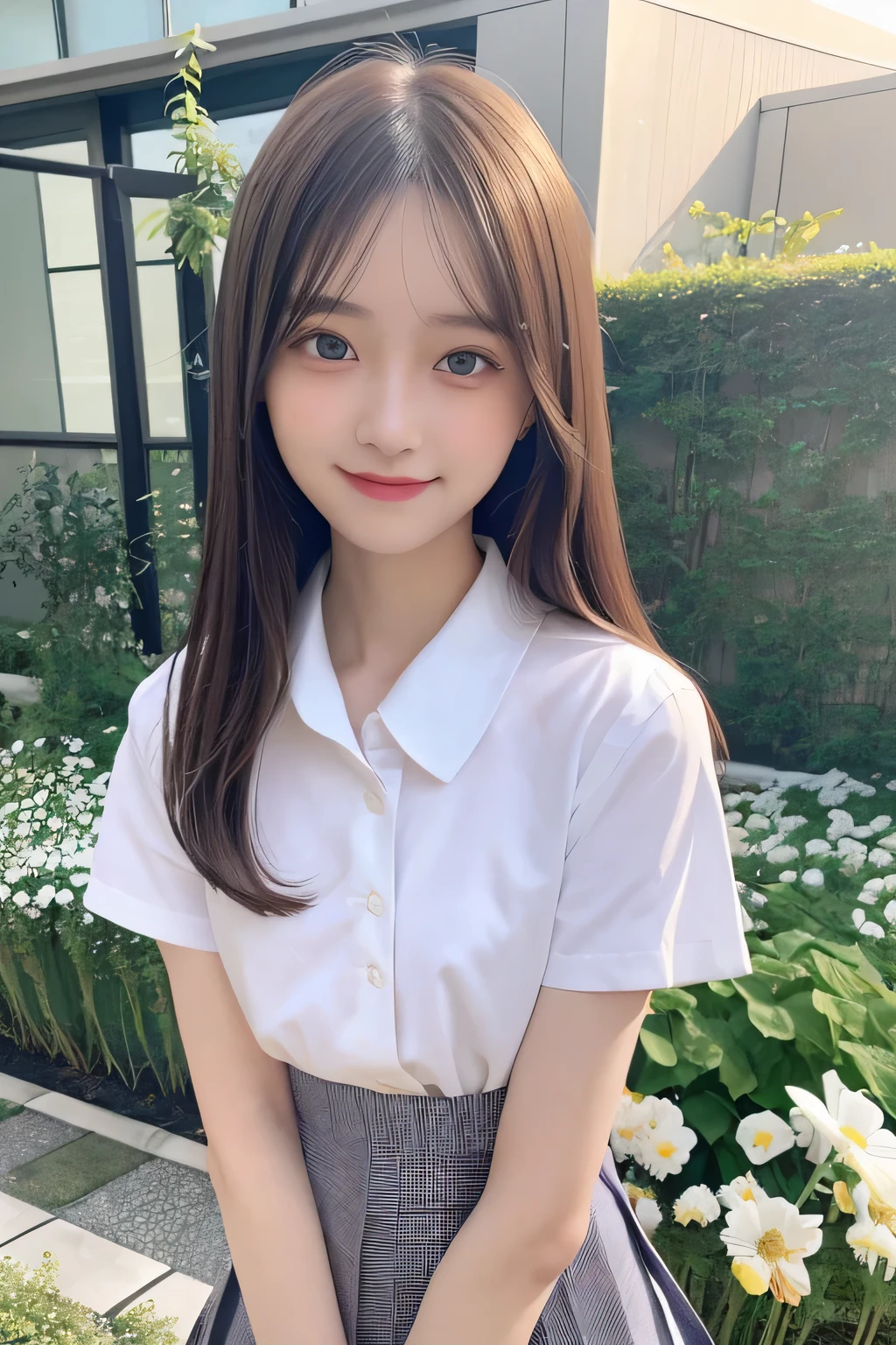 pieces fly、masterpiece、highest quality、Super detailed、High resolution、High resolution、8K portrait、unity 8k wallpaper、Detailed CG、unity 8k wallpaper、Detailed CGユニティ8kの壁紙、realistic、real person、portrait photography、shiny skin、(25 years old:1.2)、High resolution、beautiful clear eyes、very detailed explanation、delicate face、nice lips、thin waist、thin legs、1 girl、(garden:1.3)、(shirt, serafuku, crew_collar, alone, white shirt, school uniform, pleated skirt, collared shirt)、(big smile:1.2)、(stop temporarily:1.2)、(flat chest:1.4)