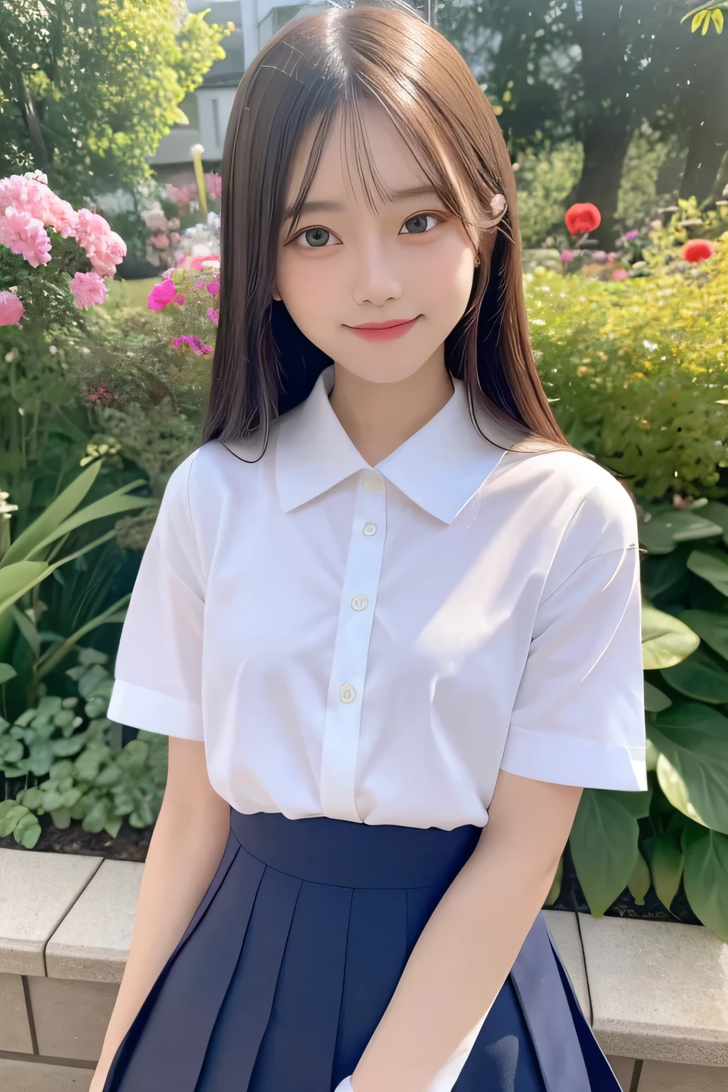 pieces fly、masterpiece、highest quality、Super detailed、High resolution、High resolution、8K portrait、unity 8k wallpaper、Detailed CG、unity 8k wallpaper、Detailed CGユニティ8kの壁紙、realistic、real person、portrait photography、shiny skin、(25 years old:1.2)、High resolution、beautiful clear eyes、very detailed explanation、delicate face、nice lips、thin waist、thin legs、1 girl、(garden:1.3)、(shirt, serafuku, crew_collar, alone, white shirt, school uniform, pleated skirt, collared shirt)、(big smile:1.2)、(stop temporarily:1.2)、(flat chest:1.4)