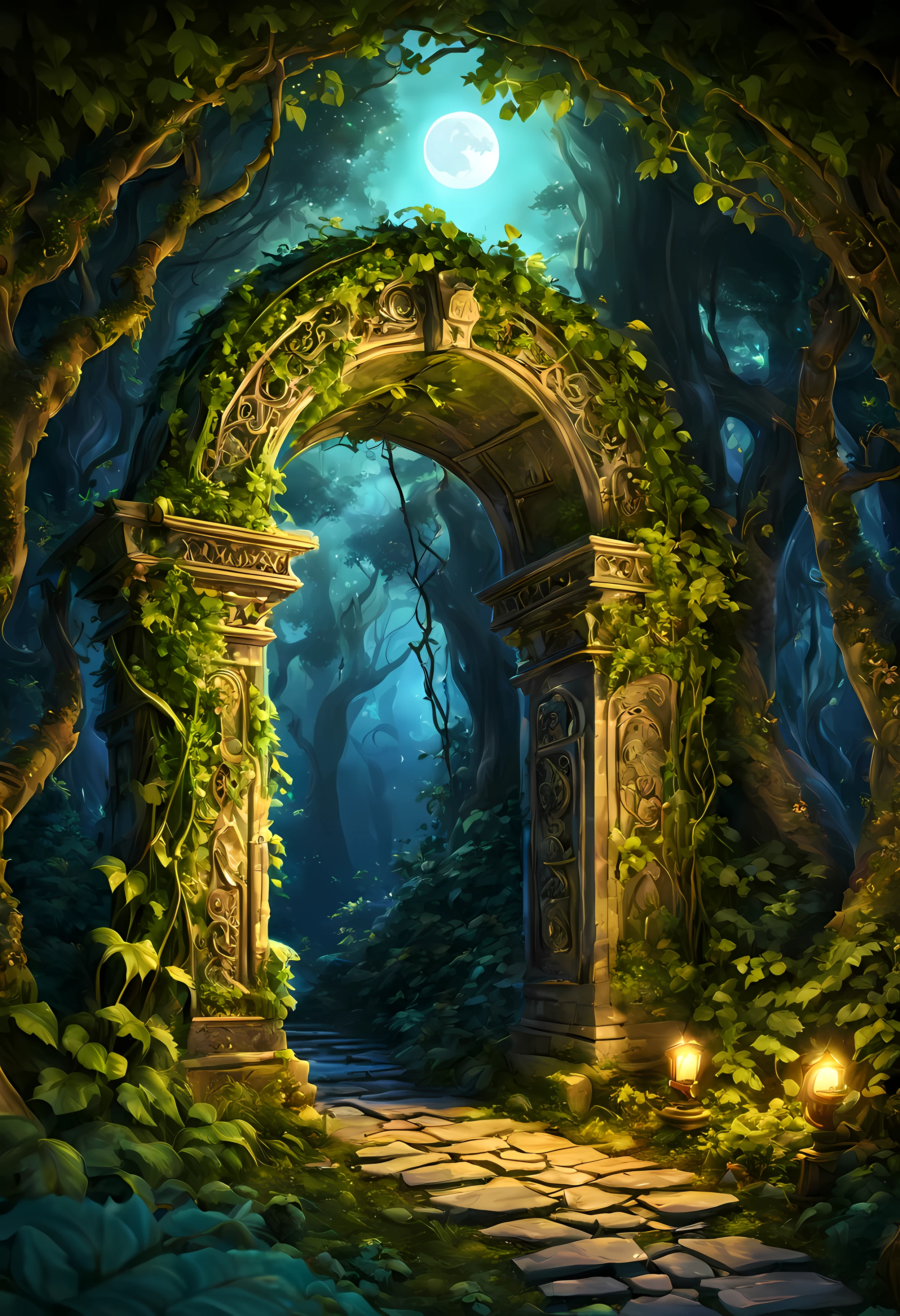 (Cute cartoon style:1.4), masterpiece in maximum 16K resolution. | A magical archway amidst the ancient forest clearing bathed in a soft moonlight. | The archway is covered in vibrant overgrown vines and adorned with intricate carvings emanating an ethereal glow. | ((More_Detail))