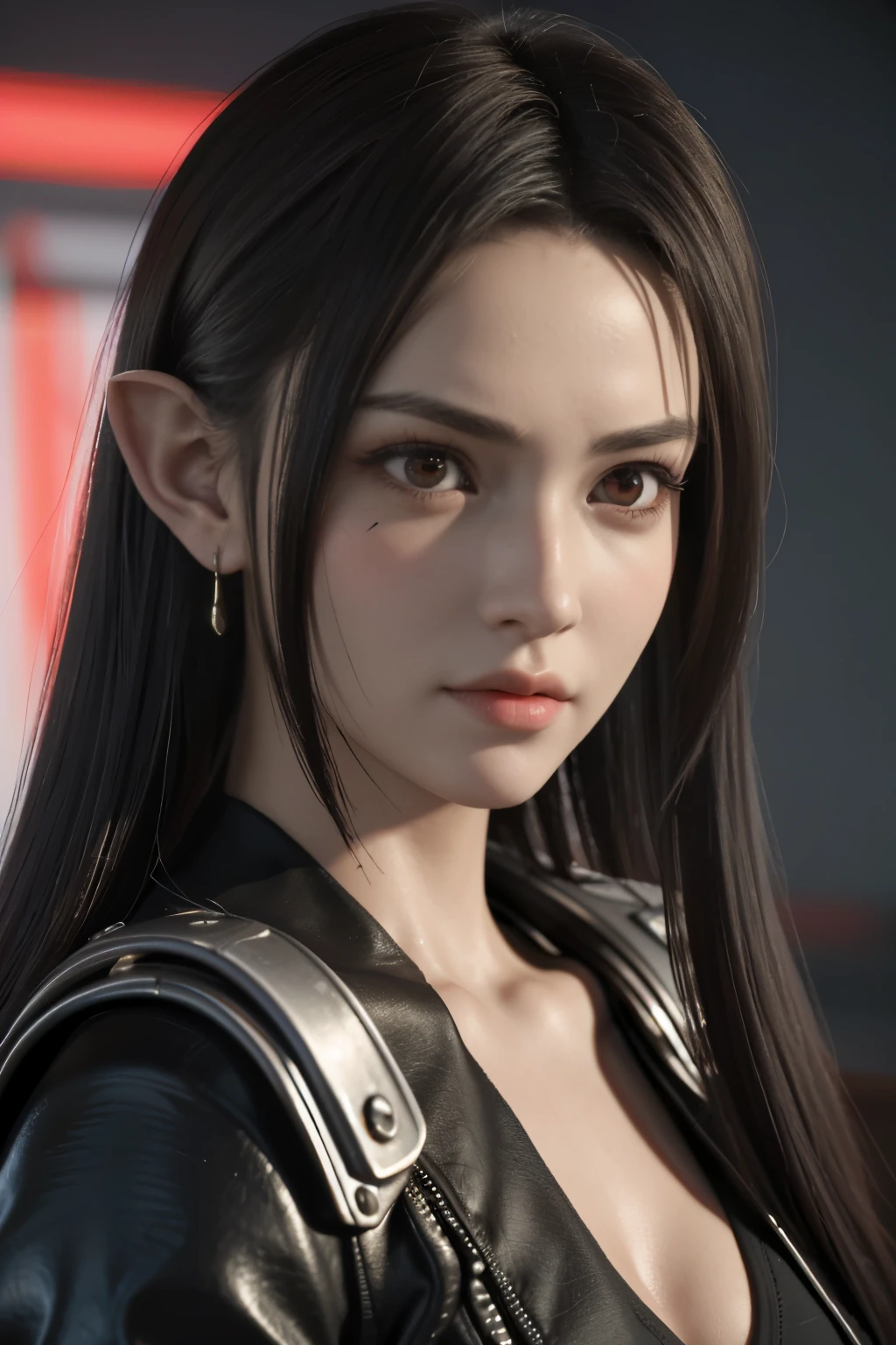 Game art，The best picture quality，Highest resolution，8K，(A bust photograph)，(Portrait)，(Head close-up:1.5)，(Rule of thirds)，Unreal Engine 5 rendering works， (The Girl of the Future)，(Female Warrior)， 22岁少女，((Pointy ears))，(Female hackers)，(White and red gradient，Ancient Oriental hairstyle)，((The pupils of the red eyes:1.3))，(A beautiful eye full of detail)，(Big breasts)，(Eye shadow)，优雅迷人，冷漠，((Anger))，(Cyberpunk jacket full of futuristic look，Joint Armor，There are exquisite Chinese patterns on the clothes，A flash of jewellery)，赛博朋克人物，未来风格， 拍照姿势，城市背景，Movie lights，Ray tracing，Game CG，((3D Unreal Engine))，oc渲染反射纹